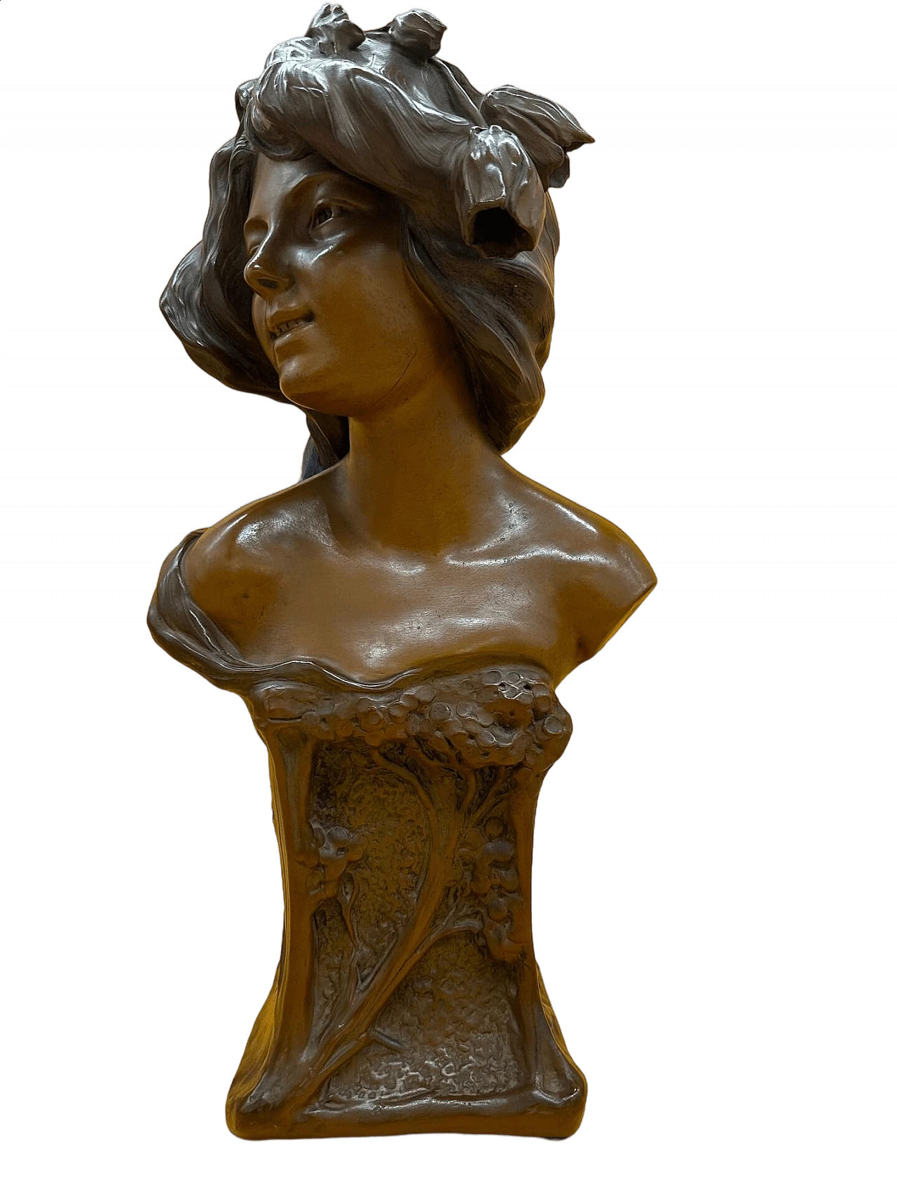 Busto in terracotta patinata in bronzo di fanciulla con decori e fiori, inizio '900 4
