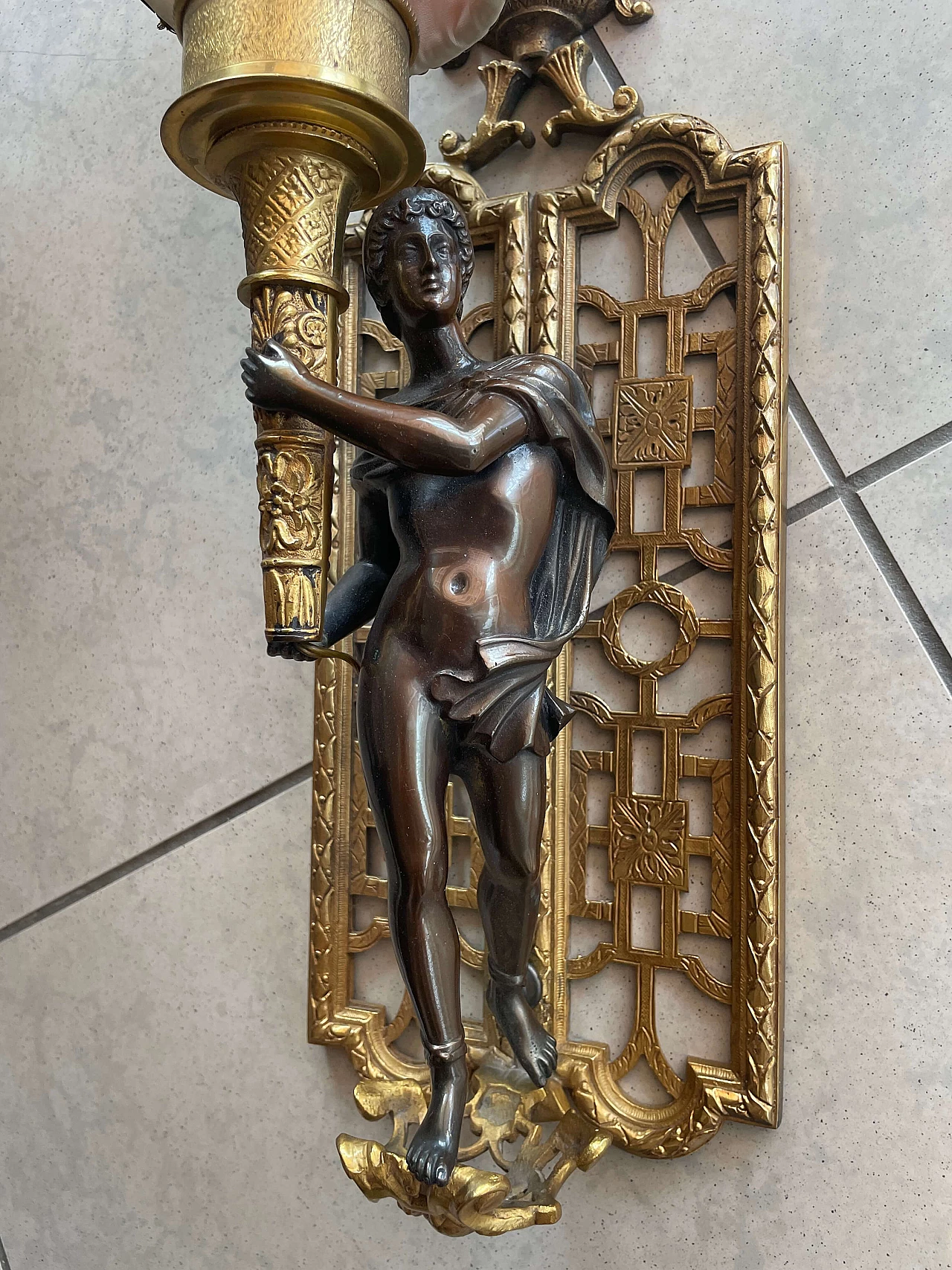 Empire-style wall sconce with bronze and brass statue, 1960s 2