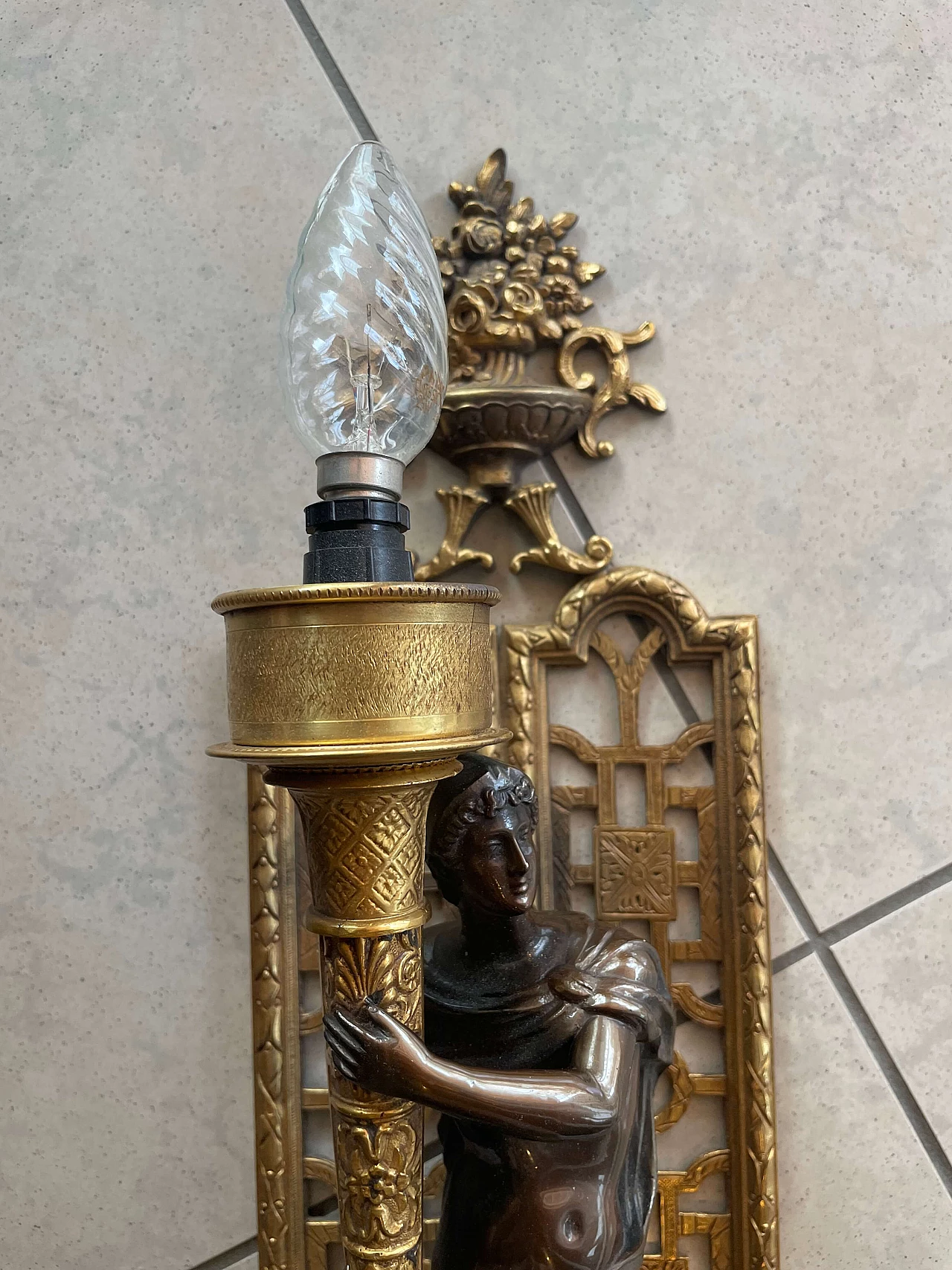 Empire-style wall sconce with bronze and brass statue, 1960s 3