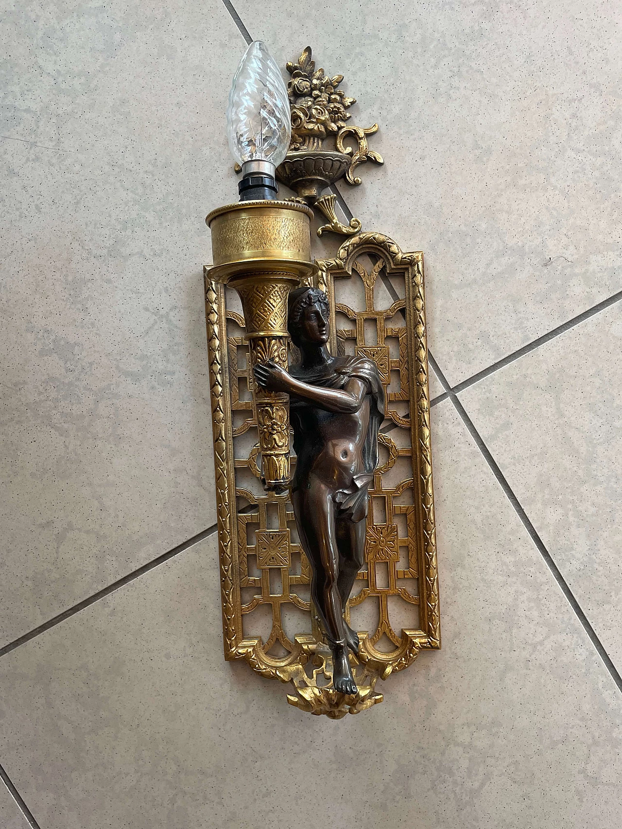 Empire-style wall sconce with bronze and brass statue, 1960s 4