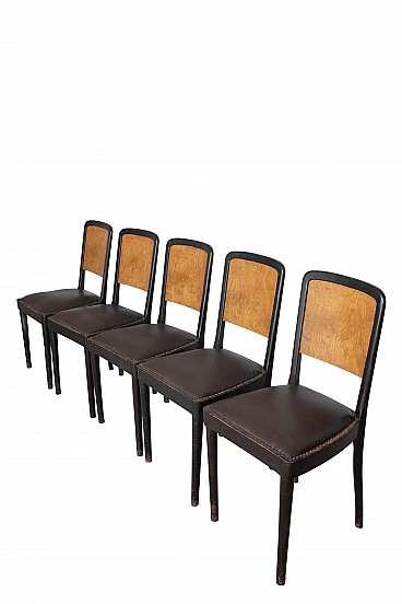 5 Art Deco chairs in briar-root and leather, 1920s