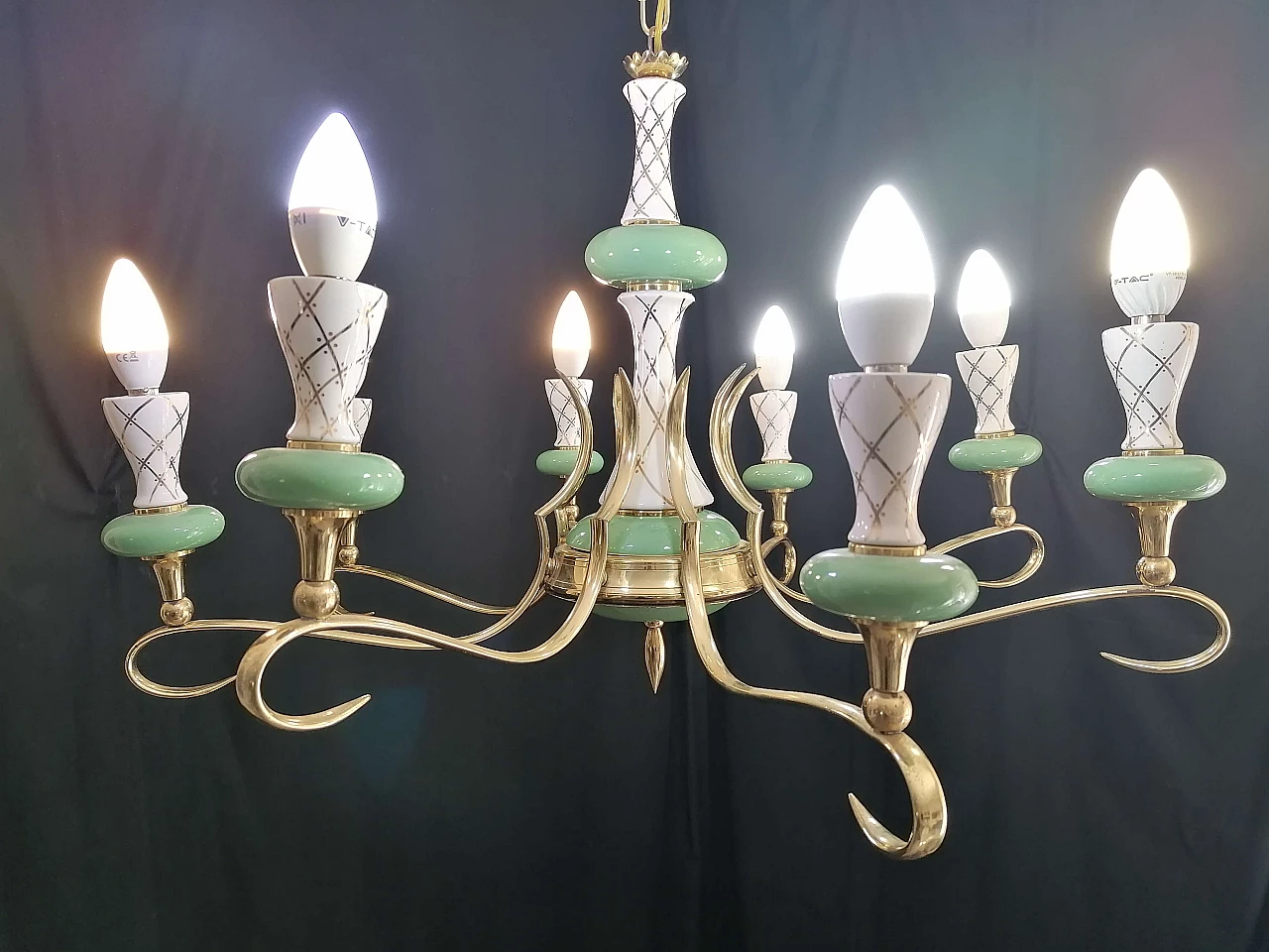 Eight-light white, green and gilded ceramic chandelier, 1950s 2