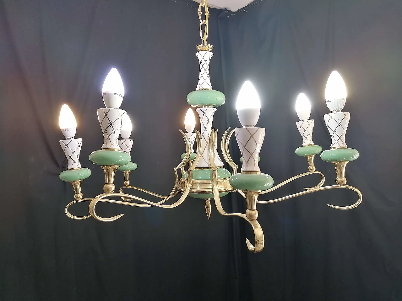 Eight-light white, green and gilded ceramic chandelier, 1950s 3