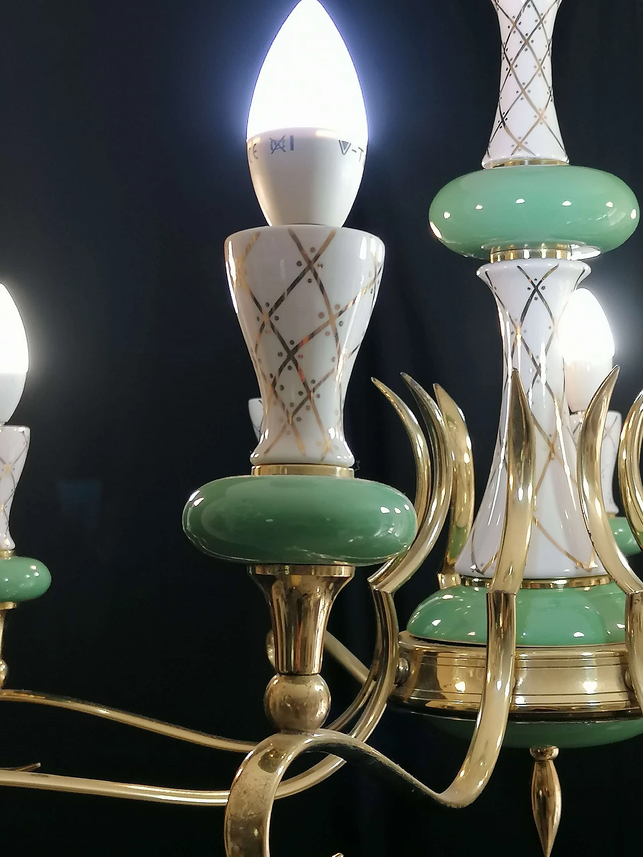 Eight-light white, green and gilded ceramic chandelier, 1950s 4