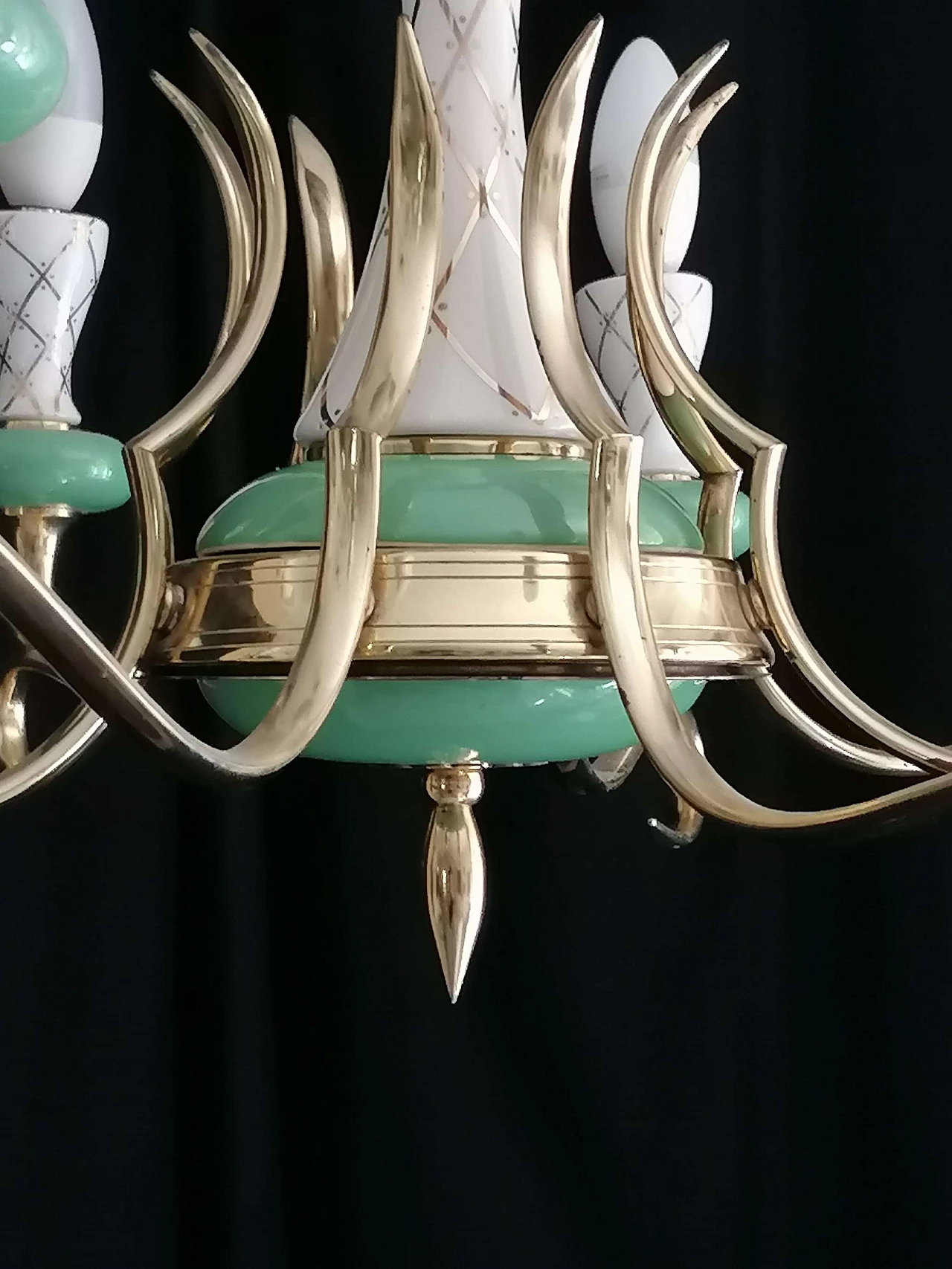 Eight-light white, green and gilded ceramic chandelier, 1950s 5