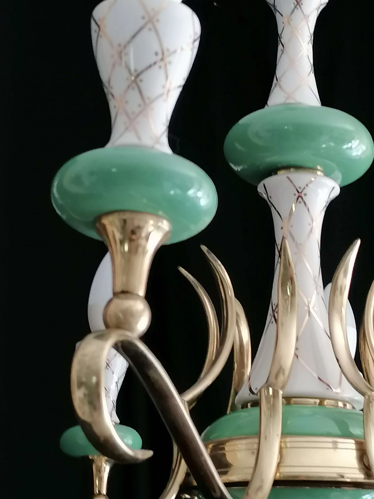 Eight-light white, green and gilded ceramic chandelier, 1950s 7