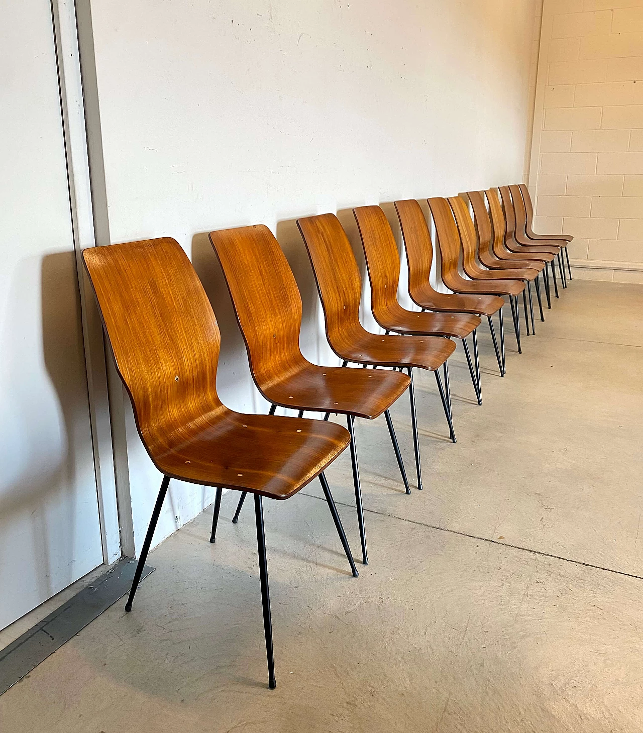 6 Bent plywood chairs with iron frame, 1960s 4