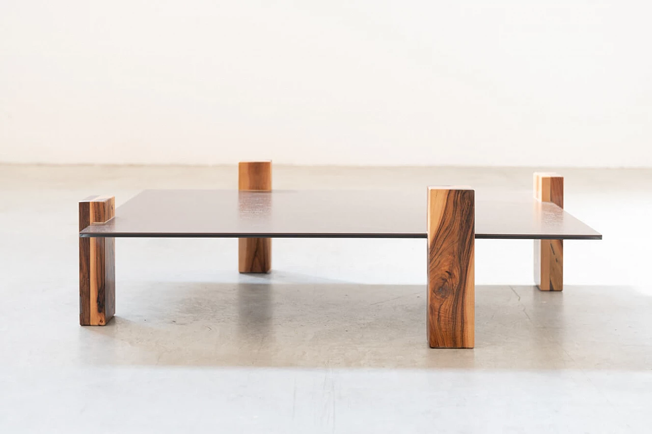 Handcrafted coffee table with ceramic glass top and walnut legs, 1960s 1