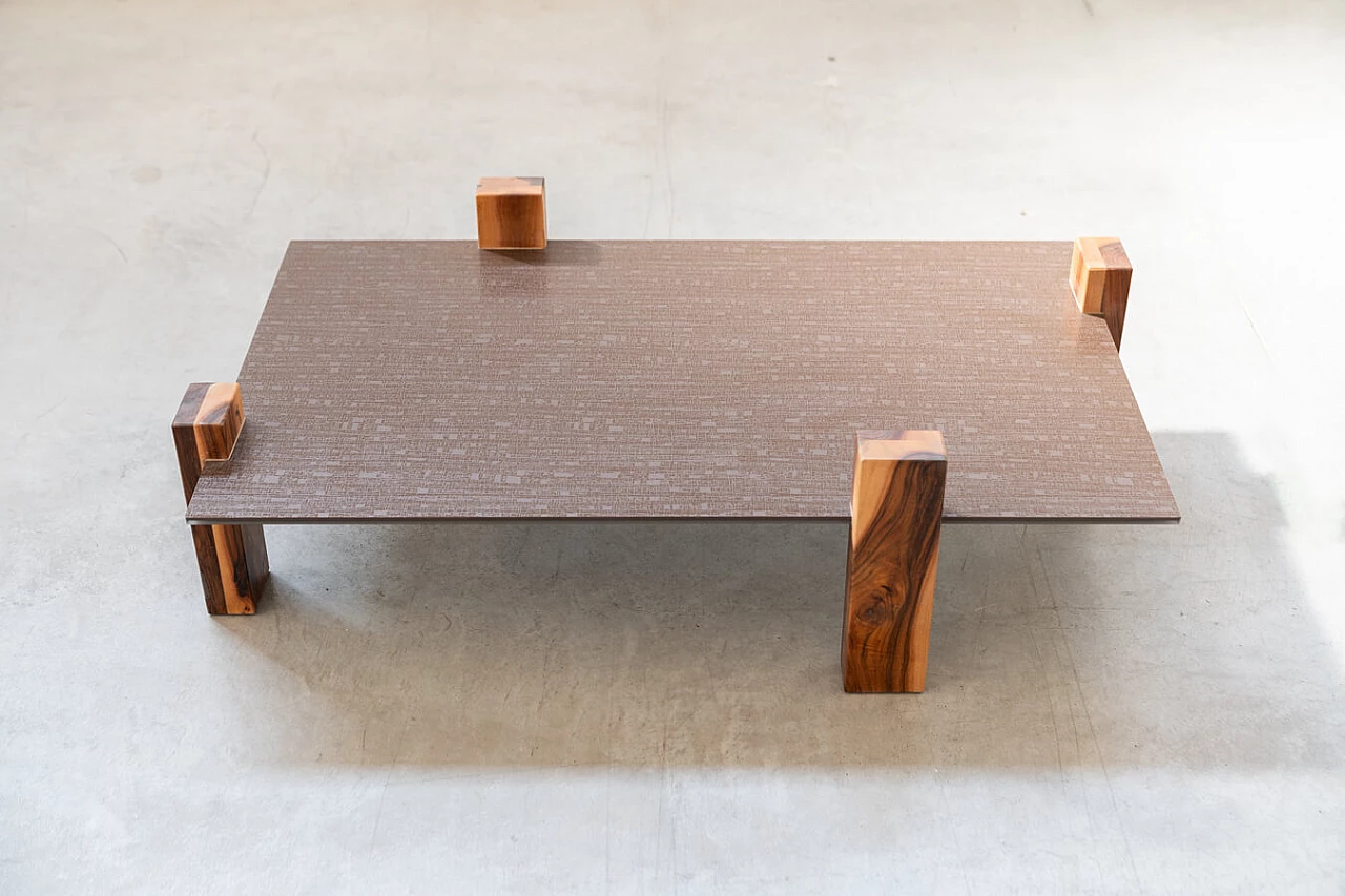 Handcrafted coffee table with ceramic glass top and walnut legs, 1960s 2
