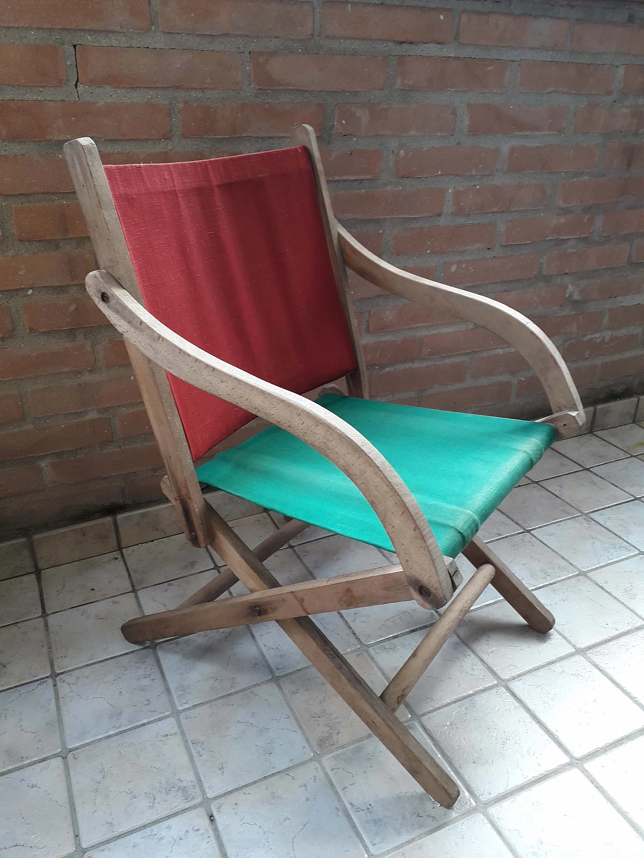 Wood, red and green canvas and jute folding armchair, 1930s 1