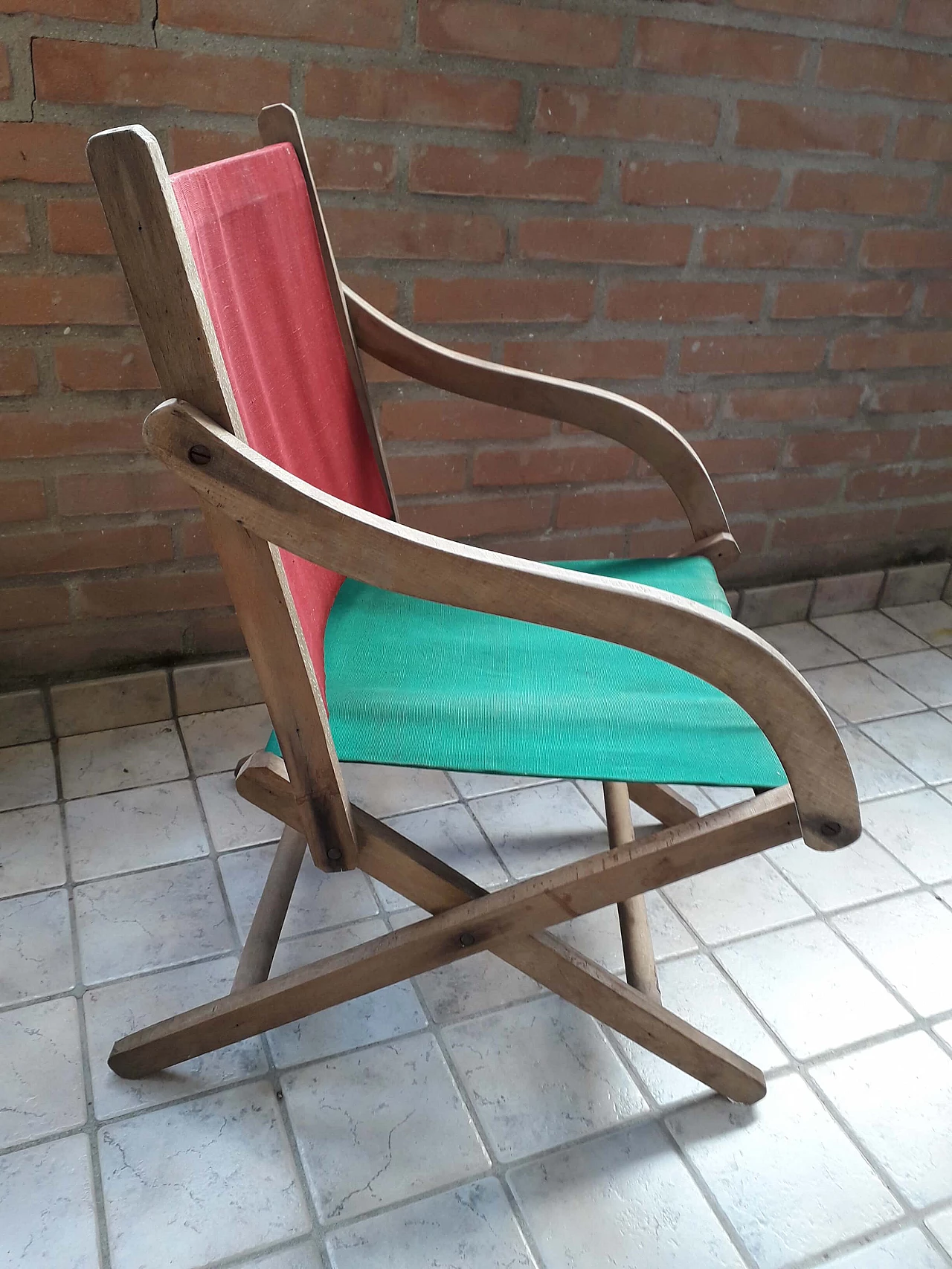 Wood, red and green canvas and jute folding armchair, 1930s 3