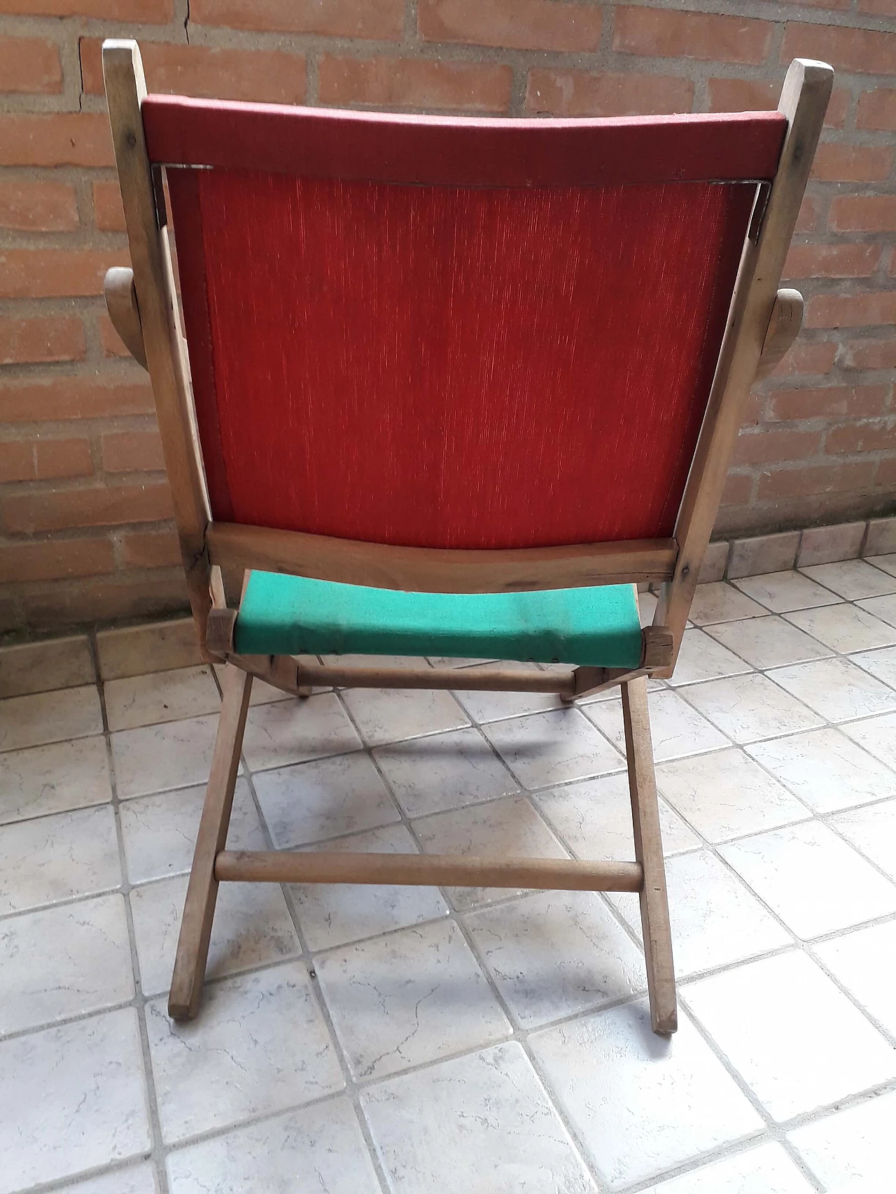 Wood, red and green canvas and jute folding armchair, 1930s 4