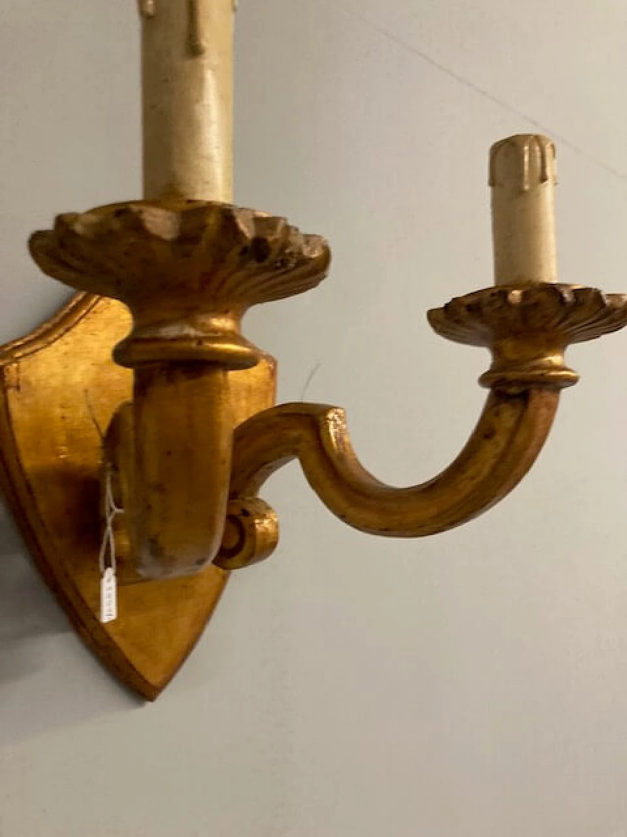 Pair of two-light carved and gilded wood wall lamps, 19th century 10