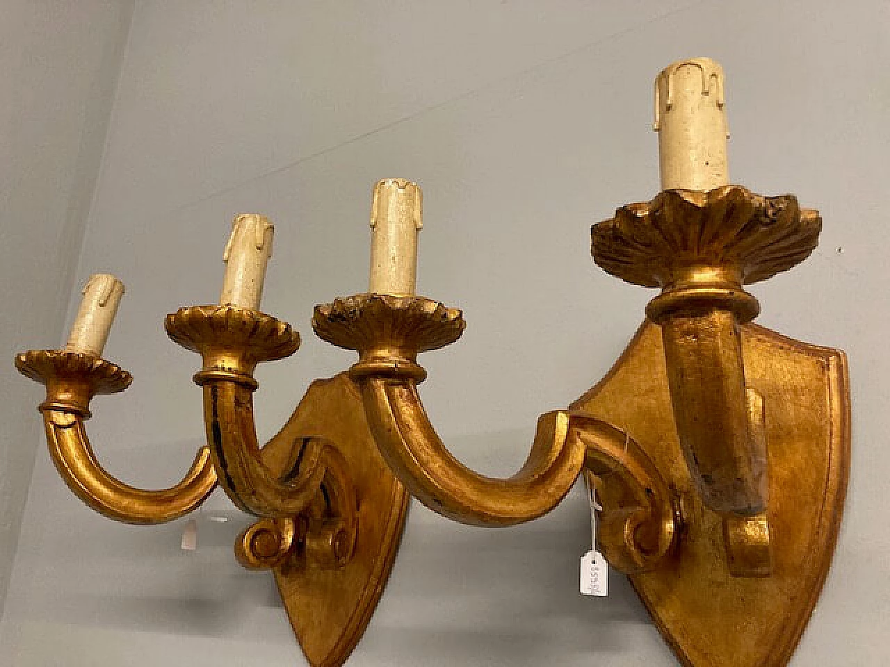 Pair of two-light carved and gilded wood wall lamps, 19th century 12