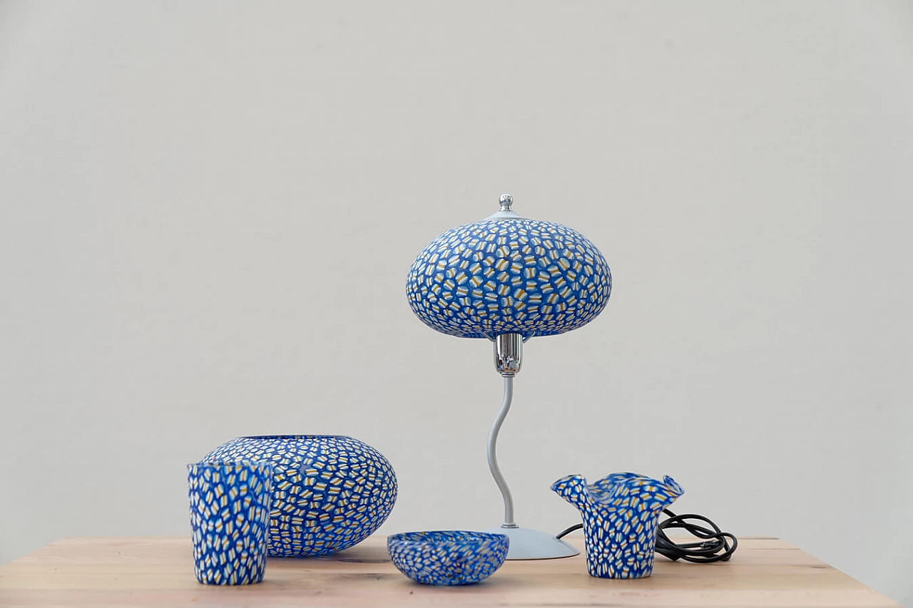 Glasses, bowls and table lamp in hand-painted Murano glass, 90s 1383409