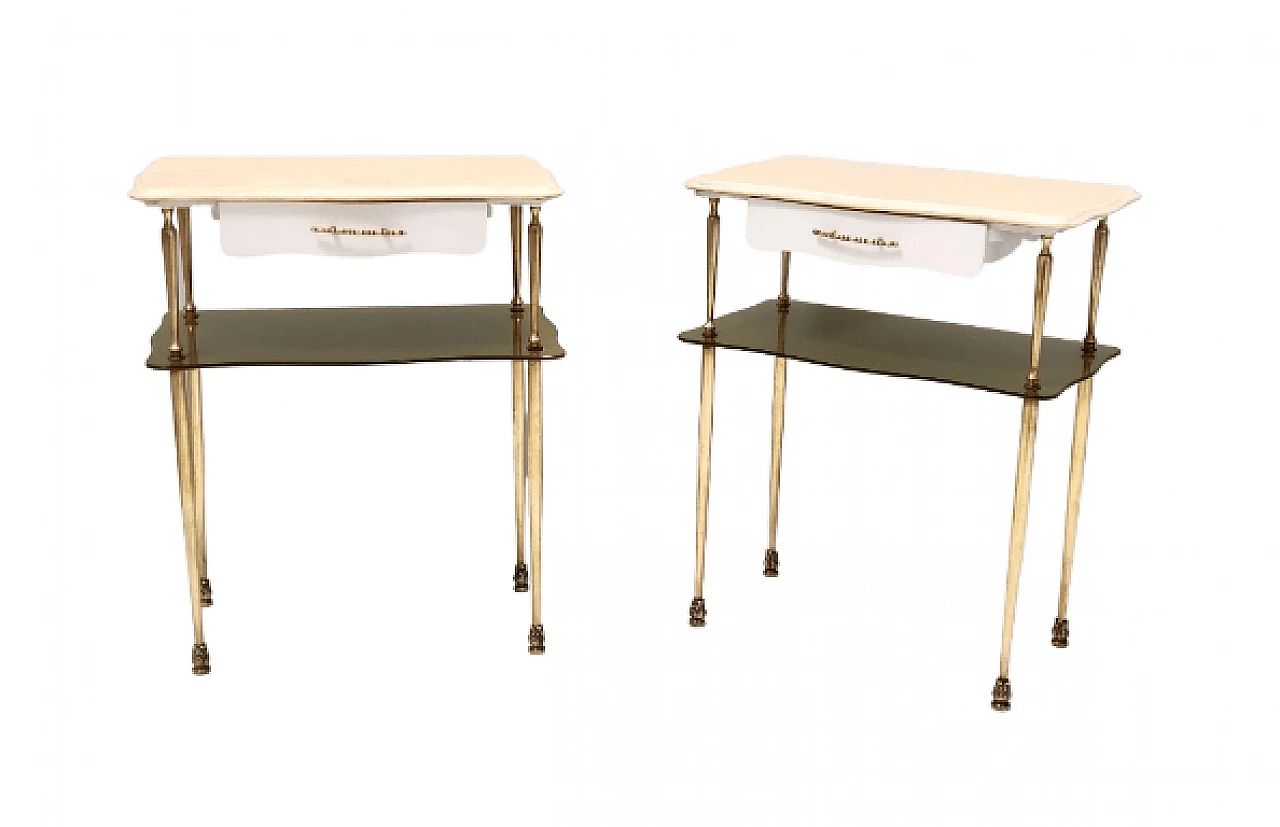 Pair of marble, brass, white beech and glass bedside tables, 1950s 1