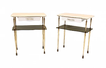 Pair of marble, brass, white beech and glass bedside tables, 1950s