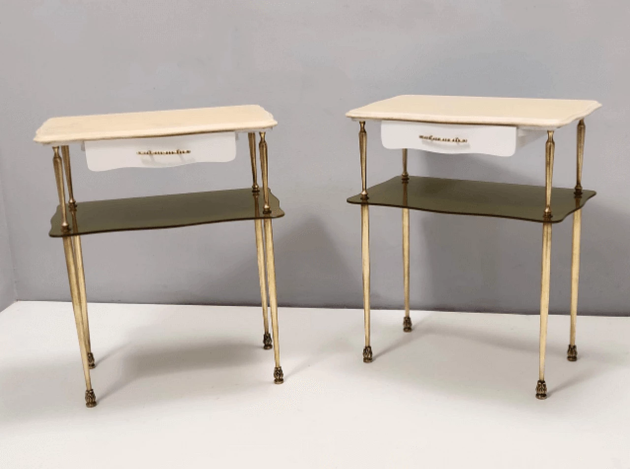 Pair of marble, brass, white beech and glass bedside tables, 1950s 3