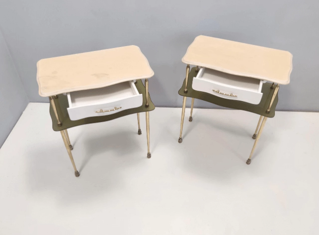Pair of marble, brass, white beech and glass bedside tables, 1950s 5