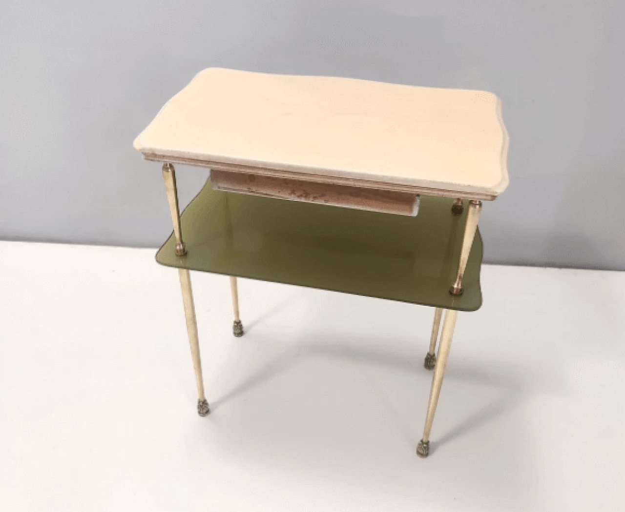 Pair of marble, brass, white beech and glass bedside tables, 1950s 6