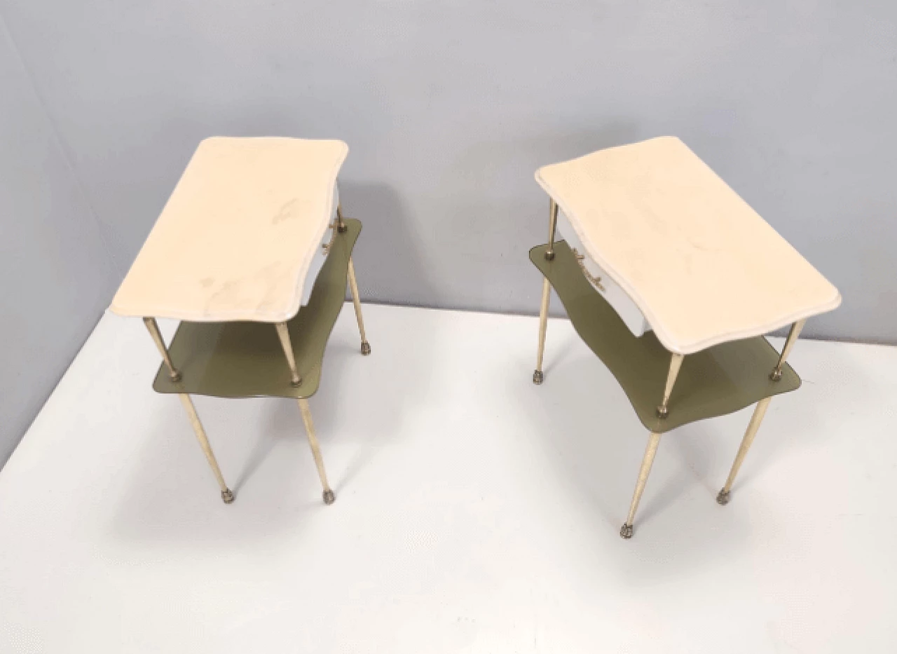 Pair of marble, brass, white beech and glass bedside tables, 1950s 7