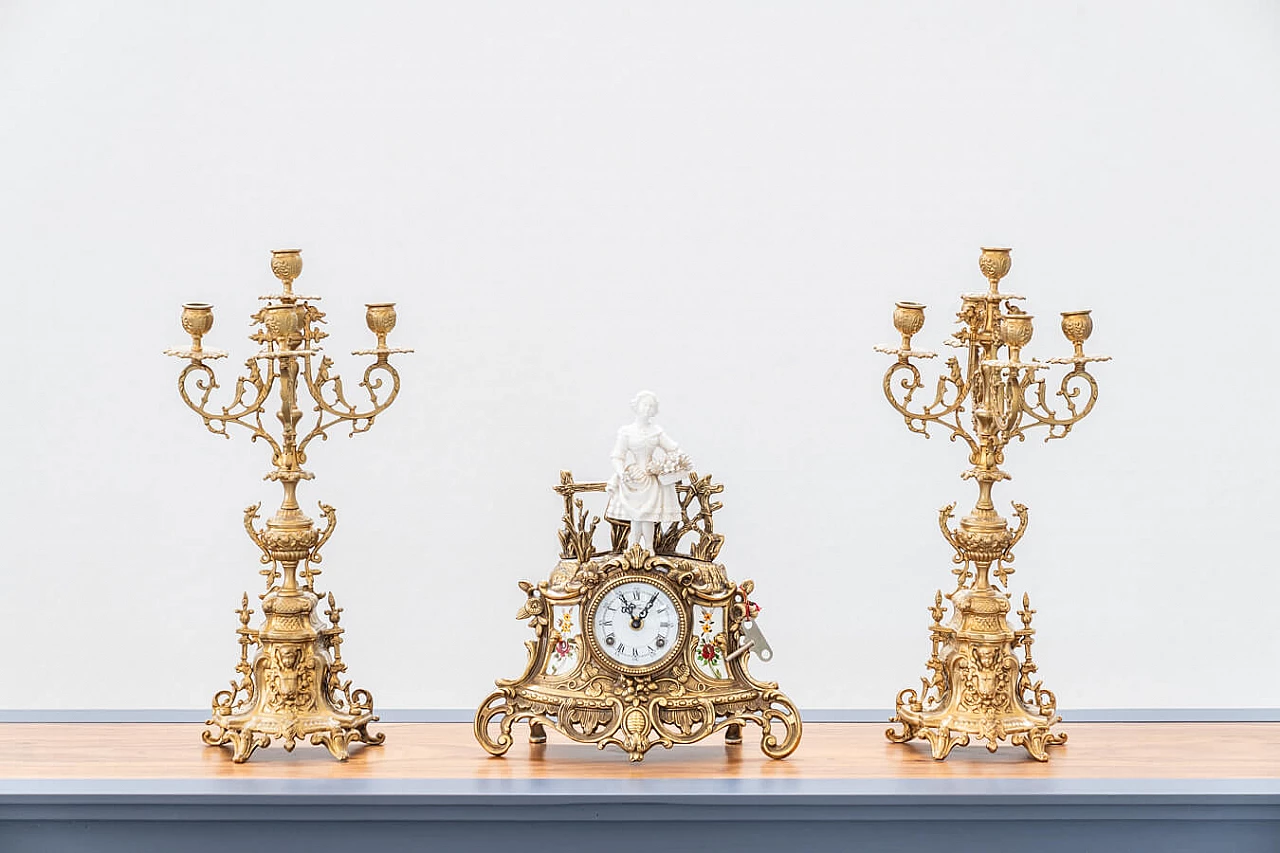 Brass and ceramic triptych with clock and candelabra by Lancini, 1970s 1