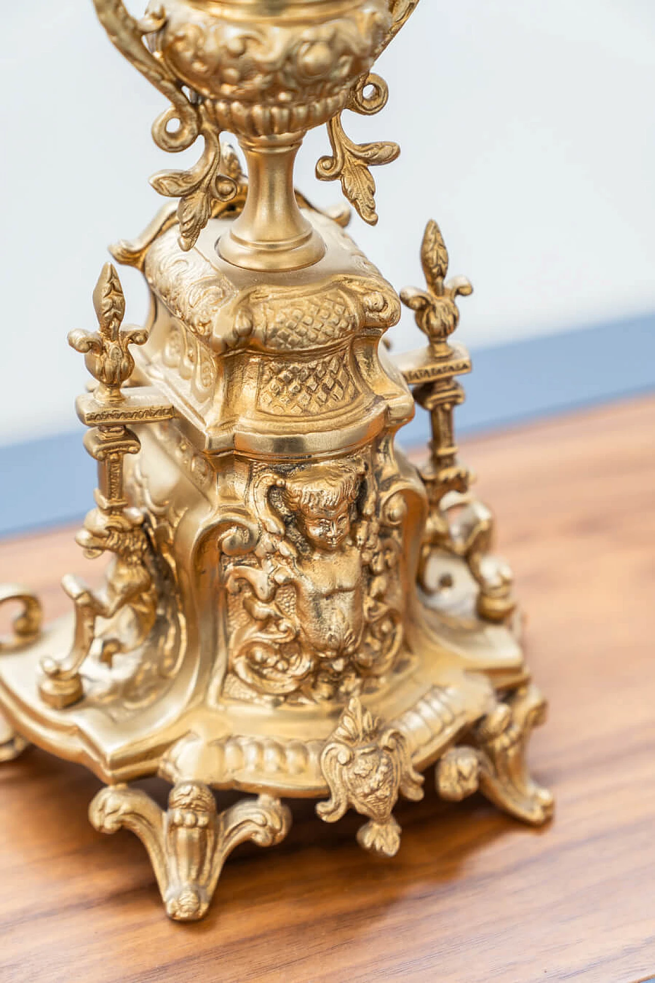 Brass and ceramic triptych with clock and candelabra by Lancini, 1970s 3