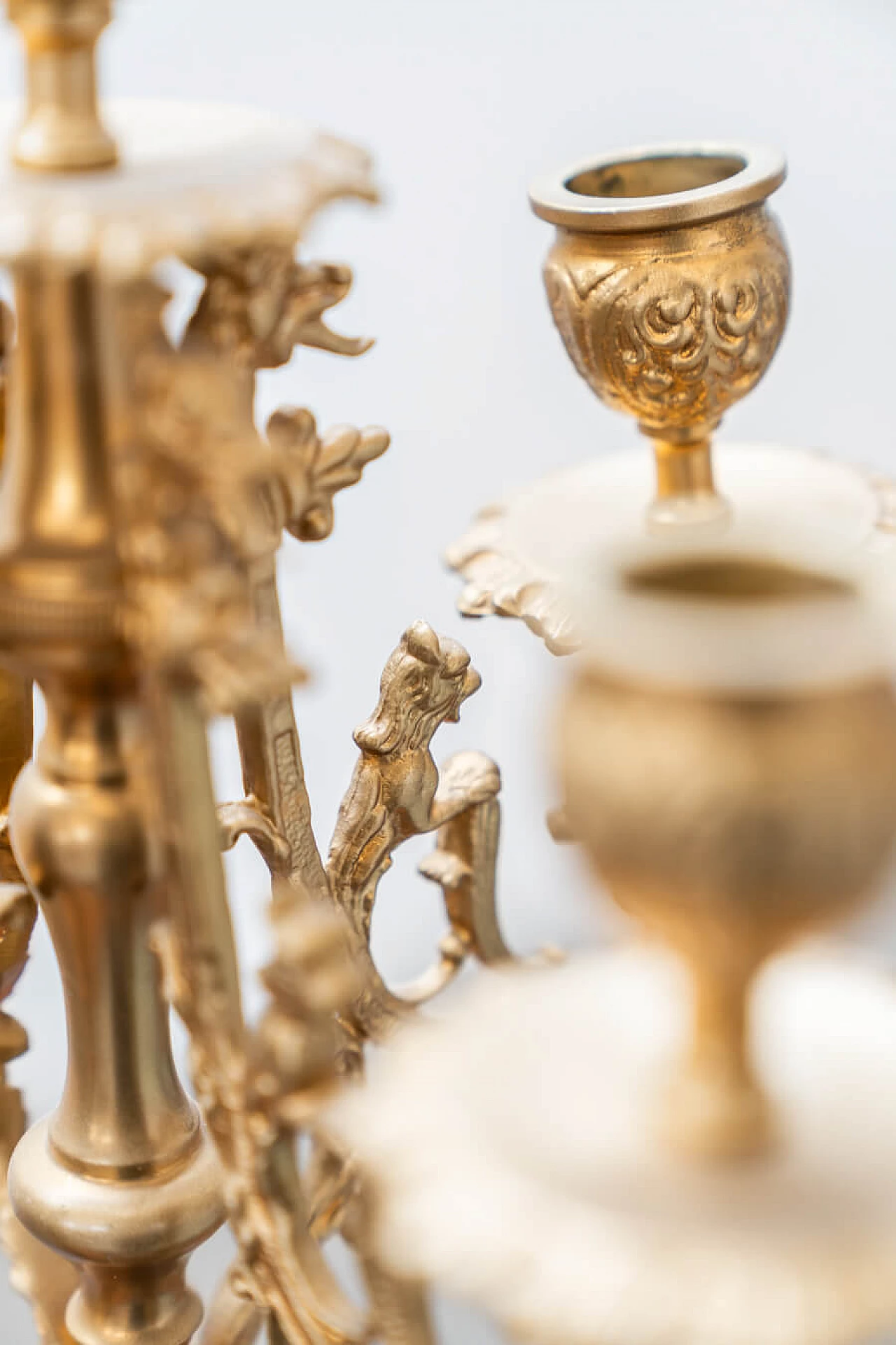 Brass and ceramic triptych with clock and candelabra by Lancini, 1970s 5