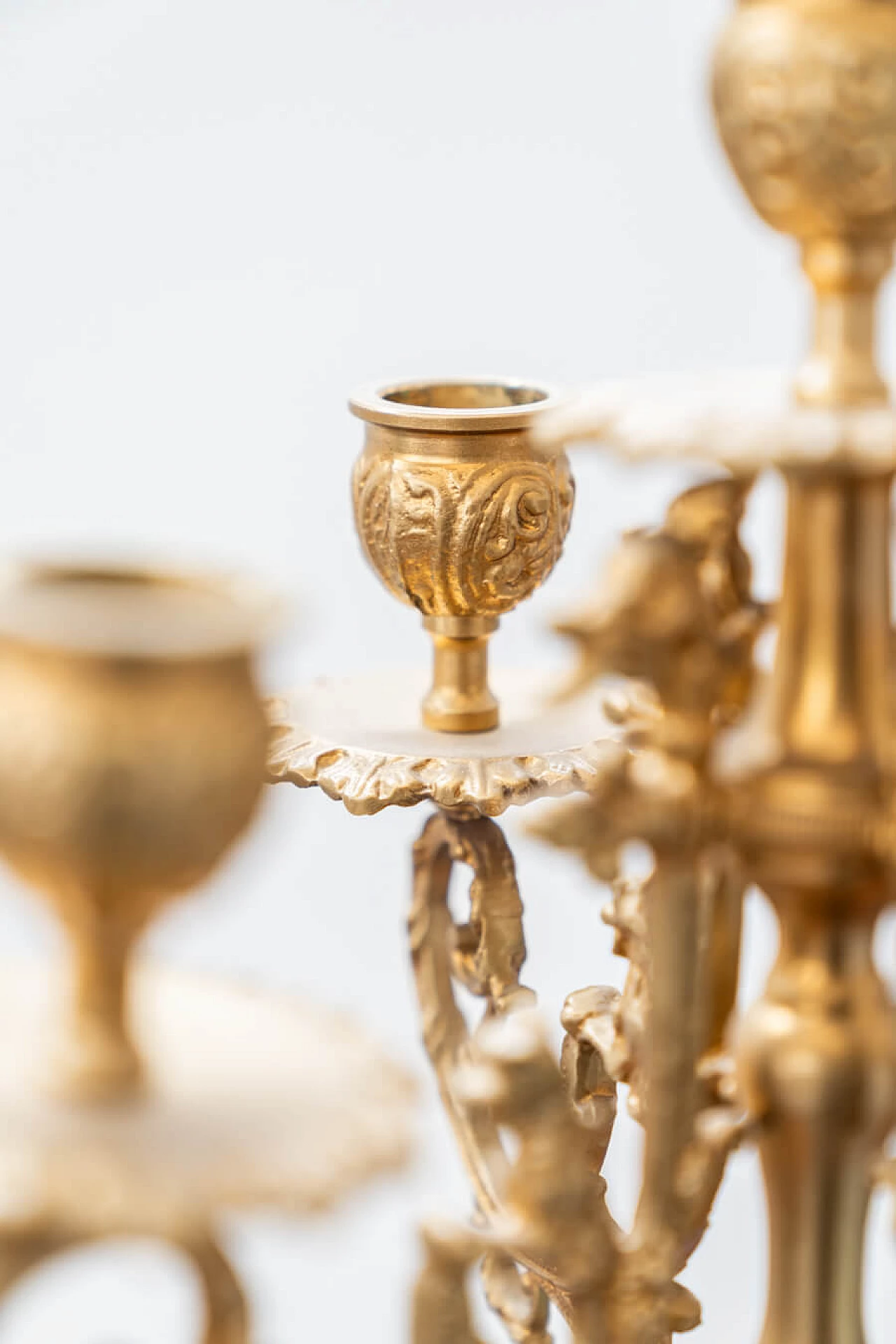 Brass and ceramic triptych with clock and candelabra by Lancini, 1970s 6