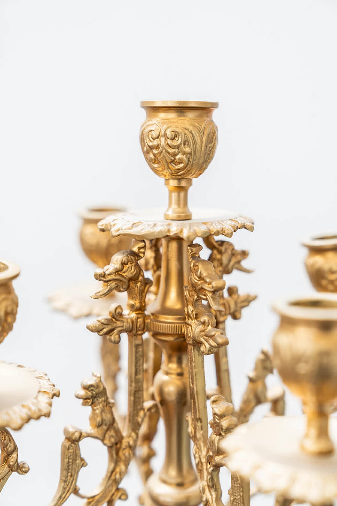 Brass and ceramic triptych with clock and candelabra by Lancini, 1970s 7