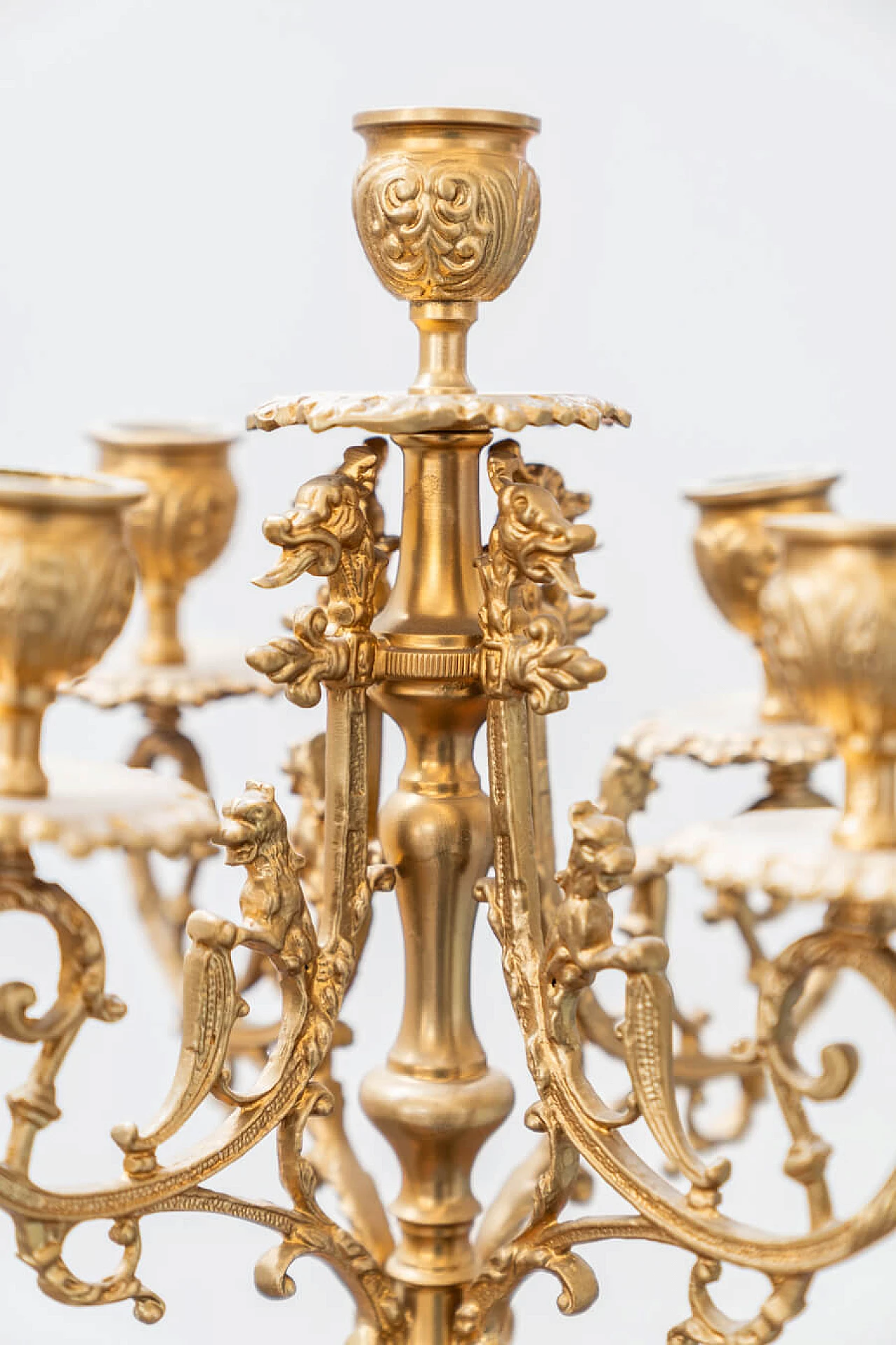 Brass and ceramic triptych with clock and candelabra by Lancini, 1970s 8