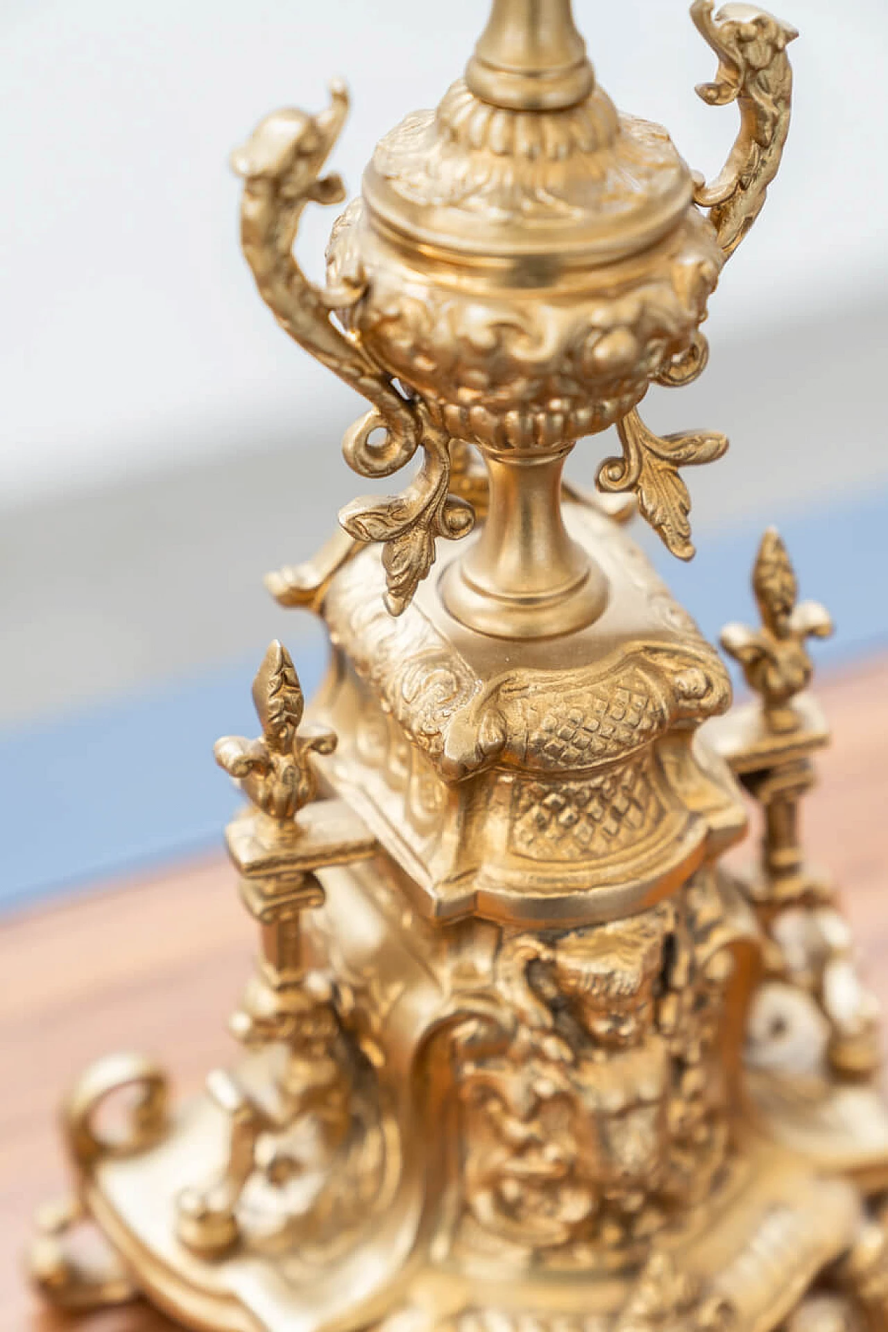 Brass and ceramic triptych with clock and candelabra by Lancini, 1970s 9