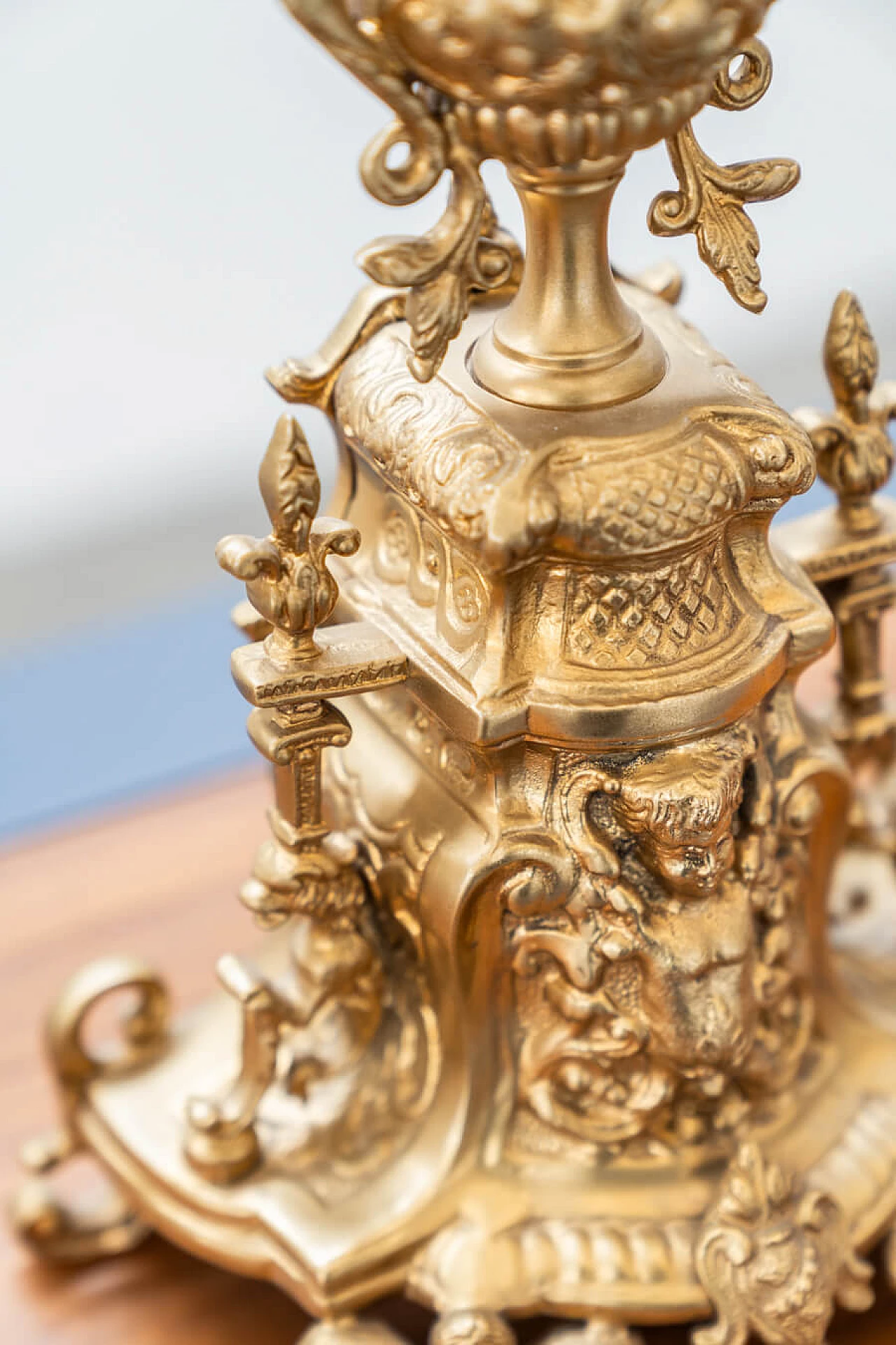 Brass and ceramic triptych with clock and candelabra by Lancini, 1970s 10