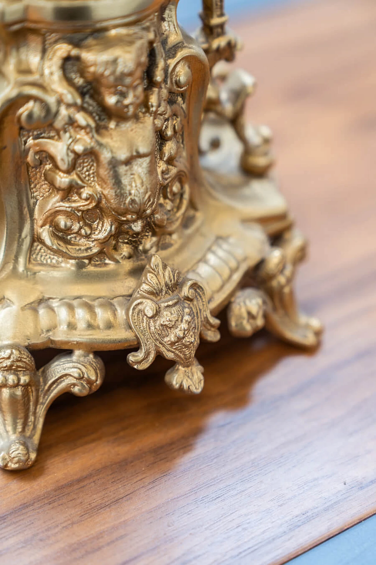 Brass and ceramic triptych with clock and candelabra by Lancini, 1970s 12