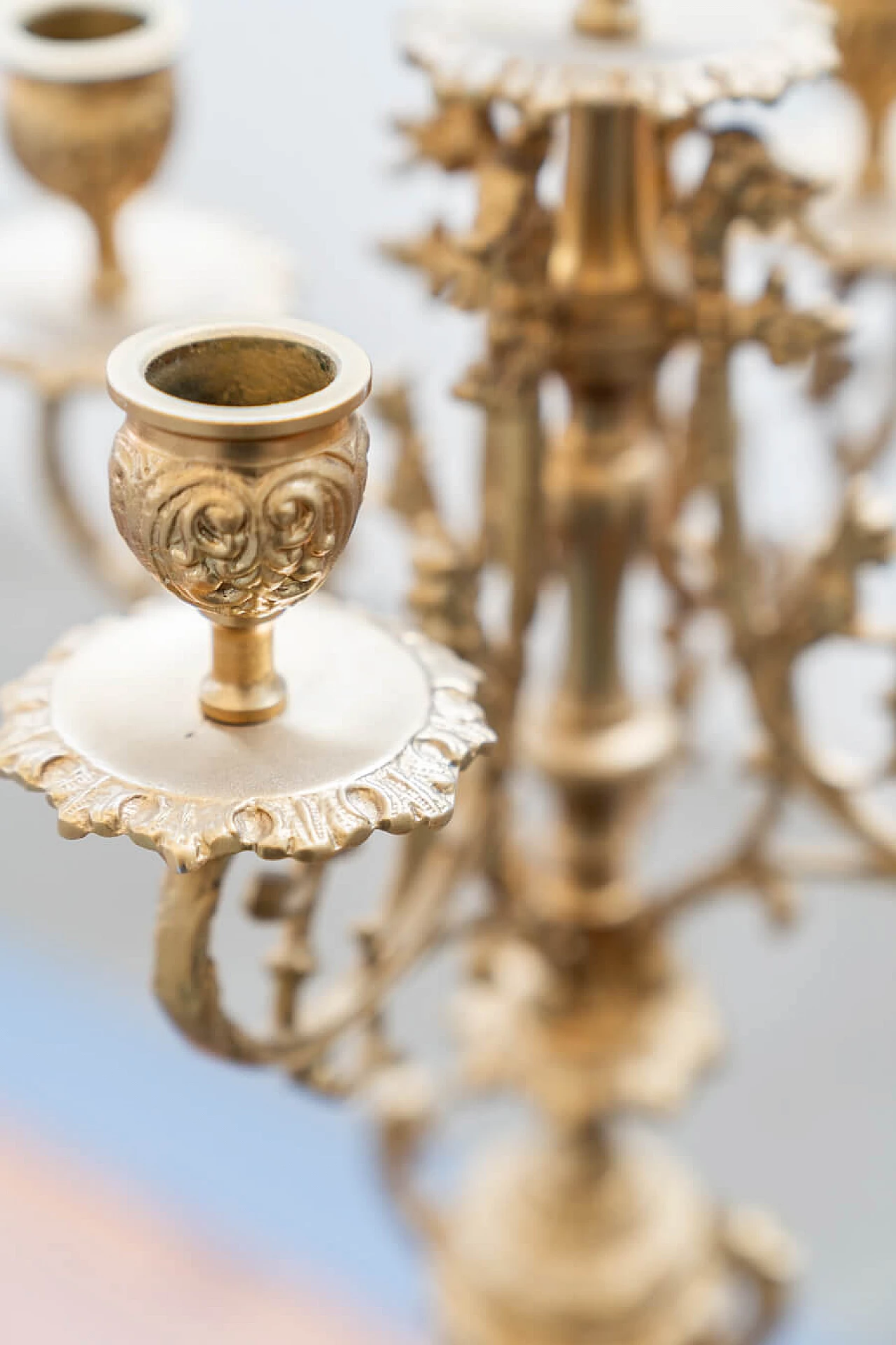 Brass and ceramic triptych with clock and candelabra by Lancini, 1970s 13