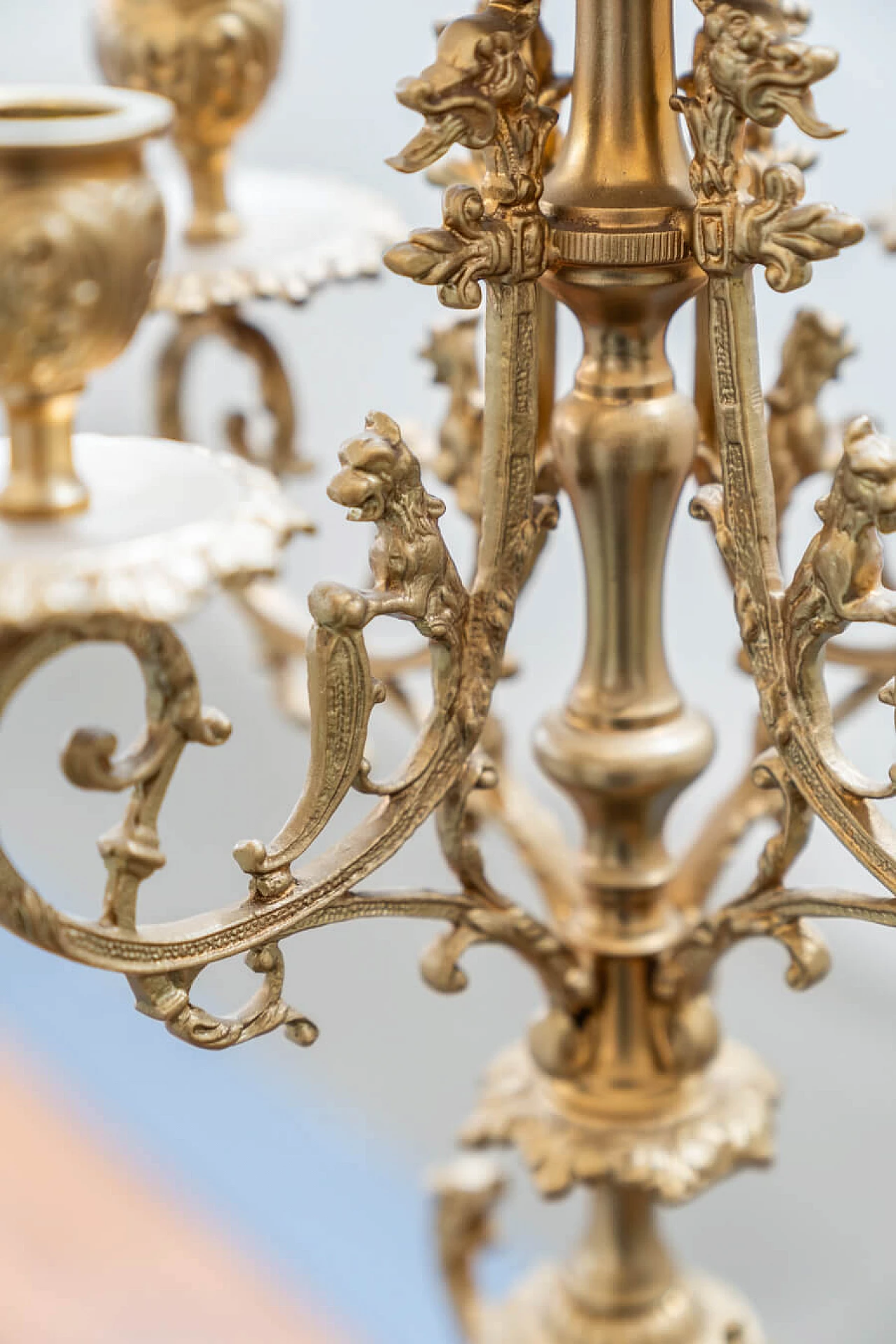 Brass and ceramic triptych with clock and candelabra by Lancini, 1970s 14