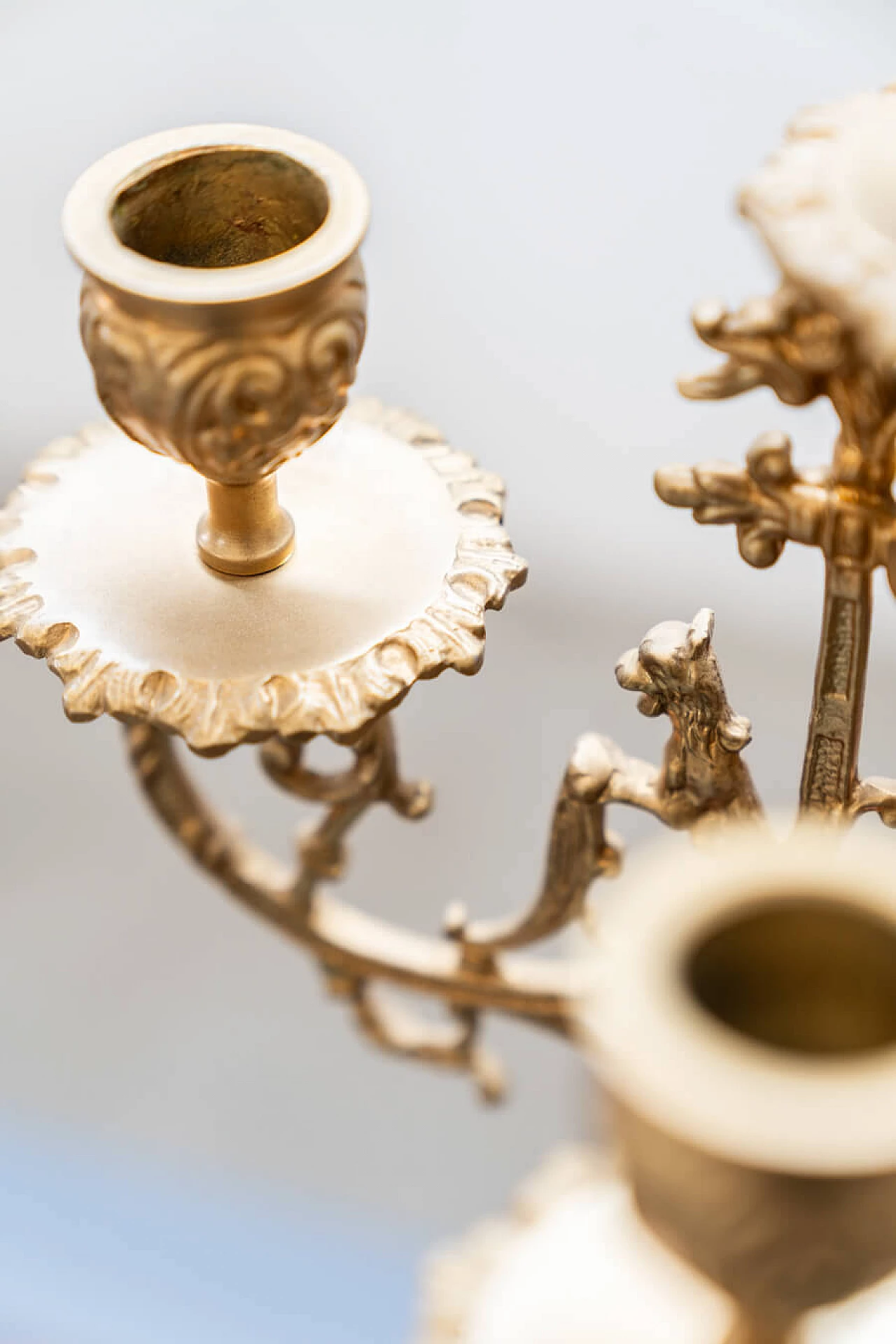 Brass and ceramic triptych with clock and candelabra by Lancini, 1970s 15