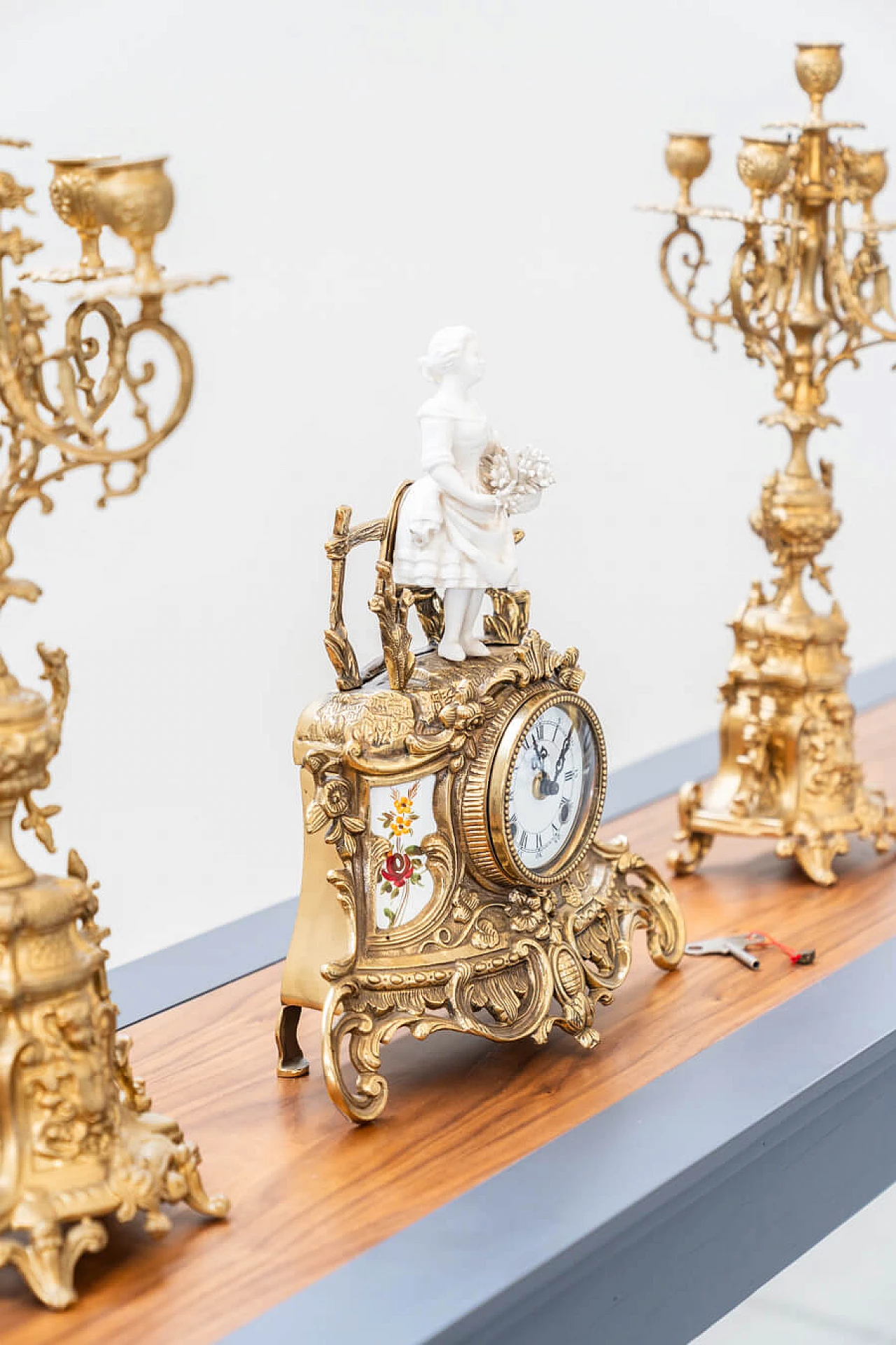 Brass and ceramic triptych with clock and candelabra by Lancini, 1970s 16