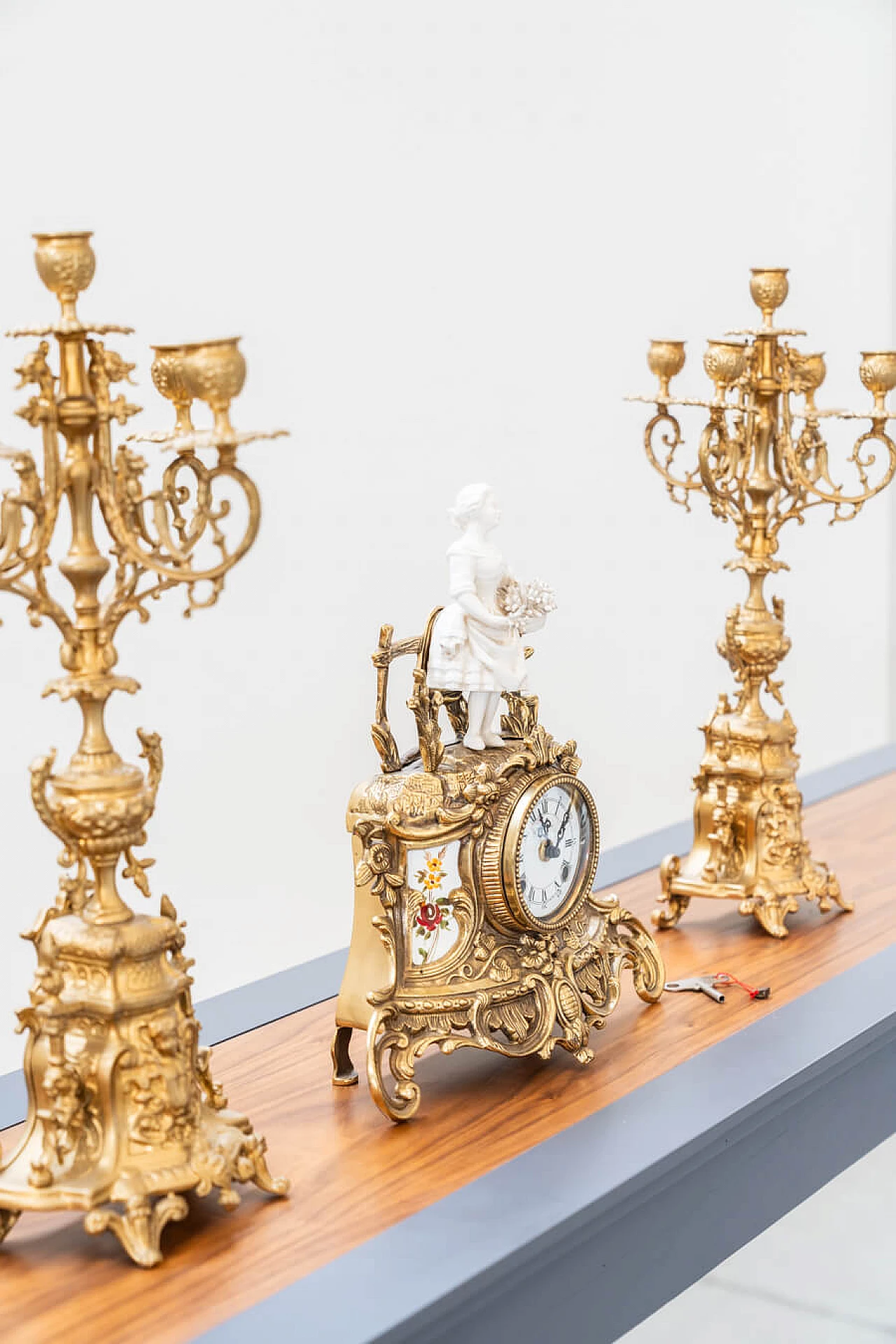 Brass and ceramic triptych with clock and candelabra by Lancini, 1970s 17