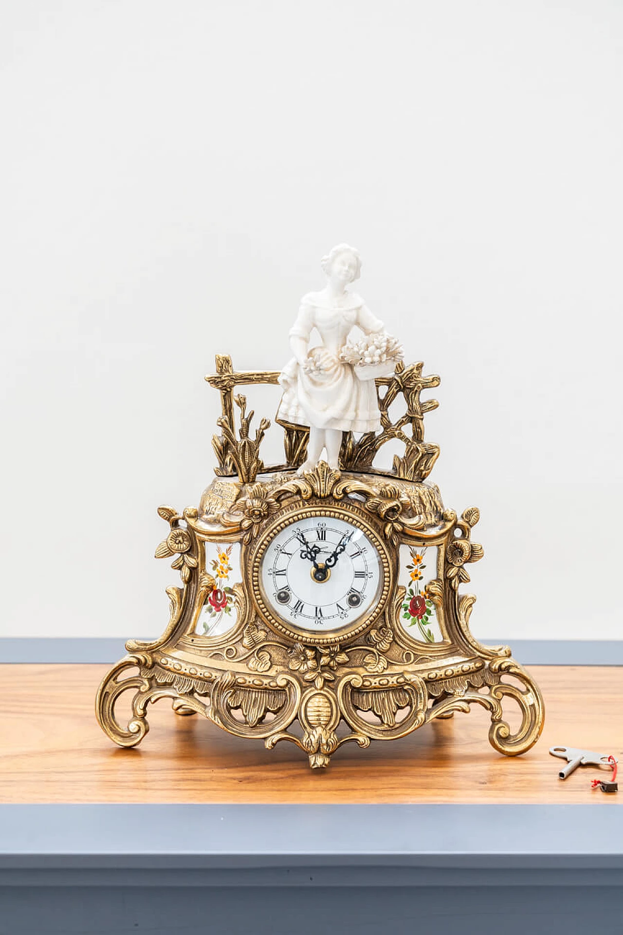 Brass and ceramic triptych with clock and candelabra by Lancini, 1970s 18