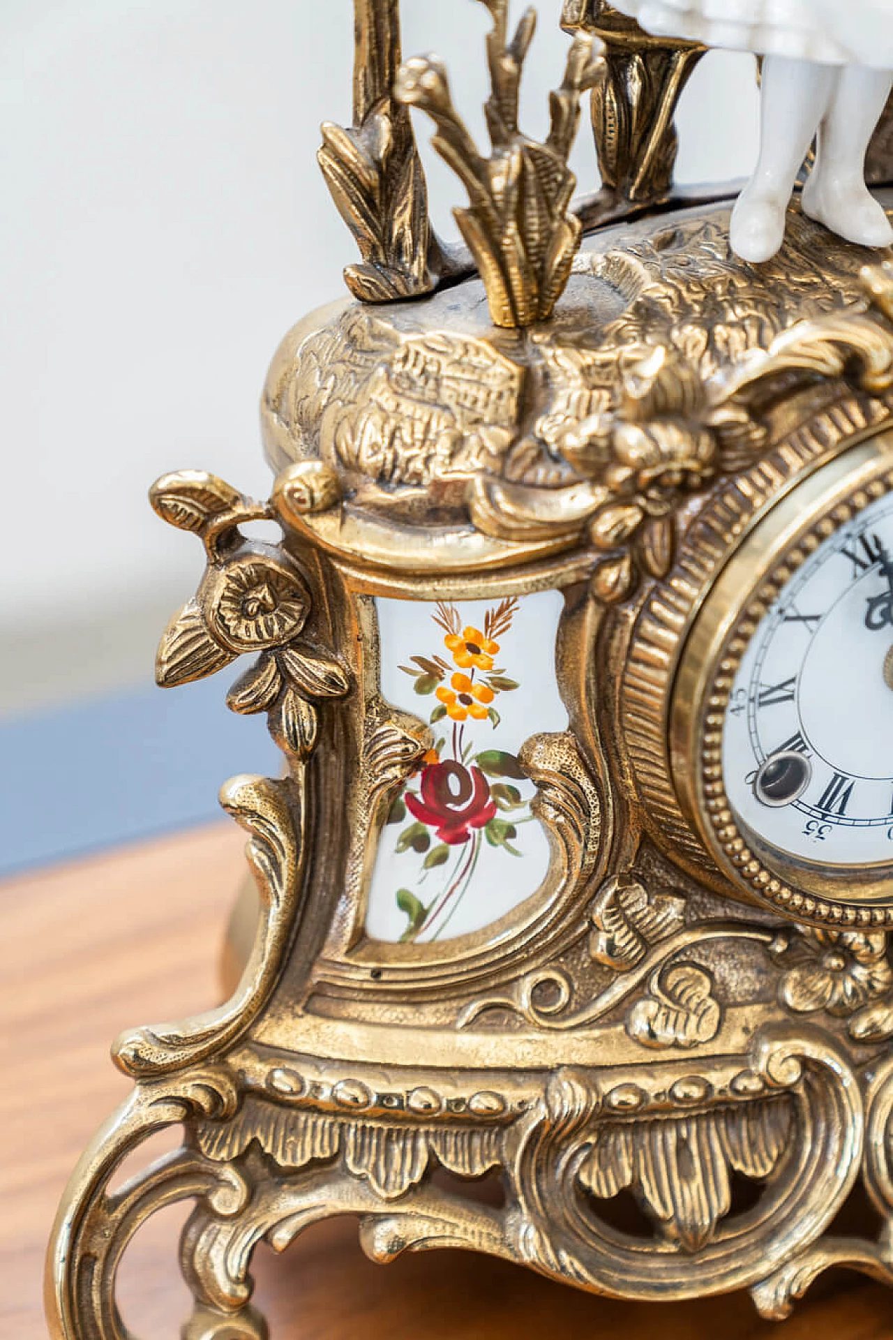 Brass and ceramic triptych with clock and candelabra by Lancini, 1970s 20