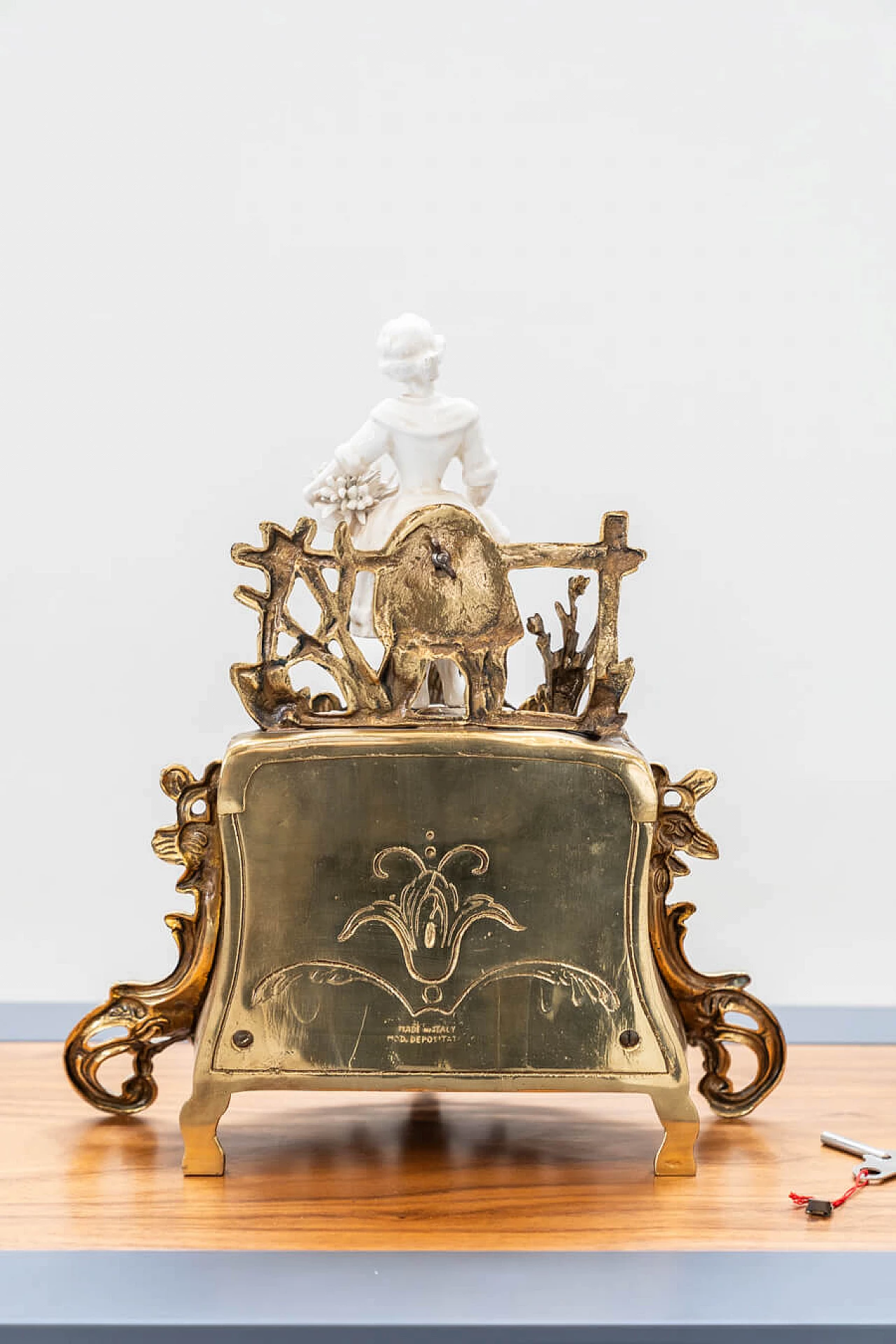 Brass and ceramic triptych with clock and candelabra by Lancini, 1970s 30