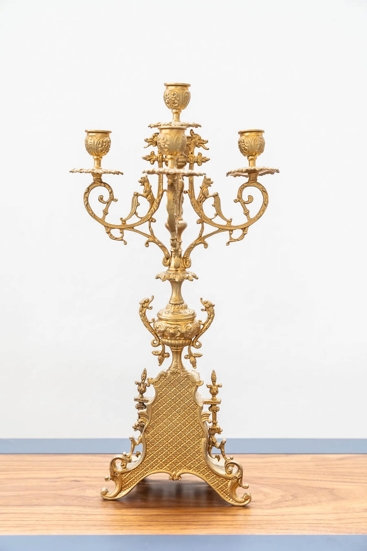 Brass and ceramic triptych with clock and candelabra by Lancini, 1970s 31