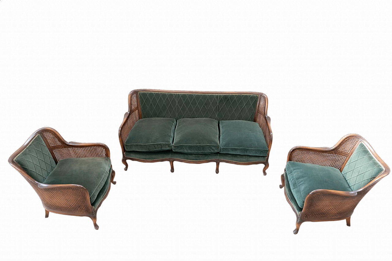 Three-seater sofa and a pair of armchairs in Vienna straw and green velvet with reliefs, 1950s 27