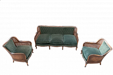 Three-seater sofa and a pair of armchairs in Vienna straw and green velvet with reliefs, 1950s