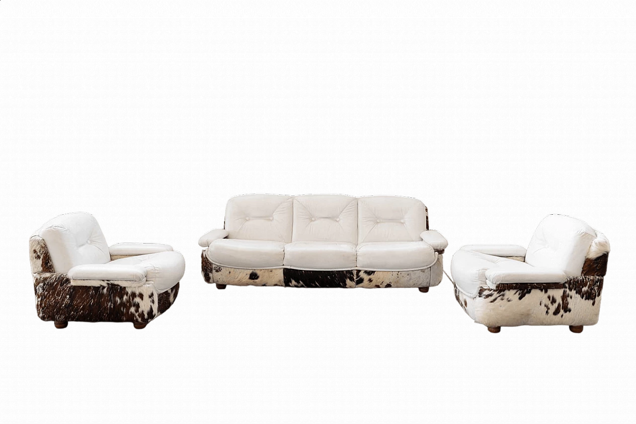 Three-seater sofa and pair of armchairs in wood, leatherette and cowhide, 1970s 27