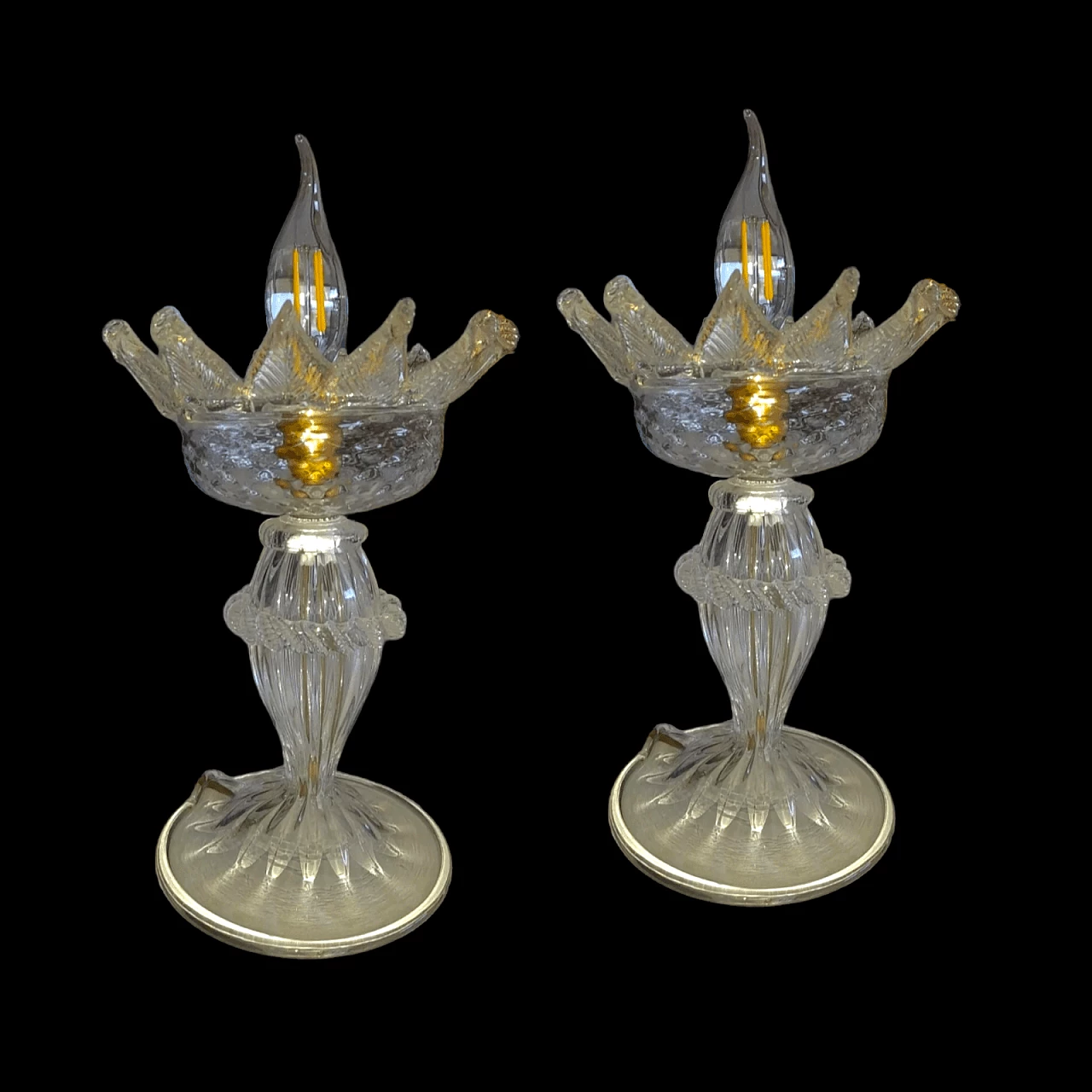 Pair of transparent and gilded Murano glass table lamps, 1990s 1