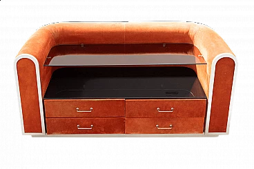 Comò in alcantara con ripiano in vetro fumè e profili in alluminio cromato, anni '70