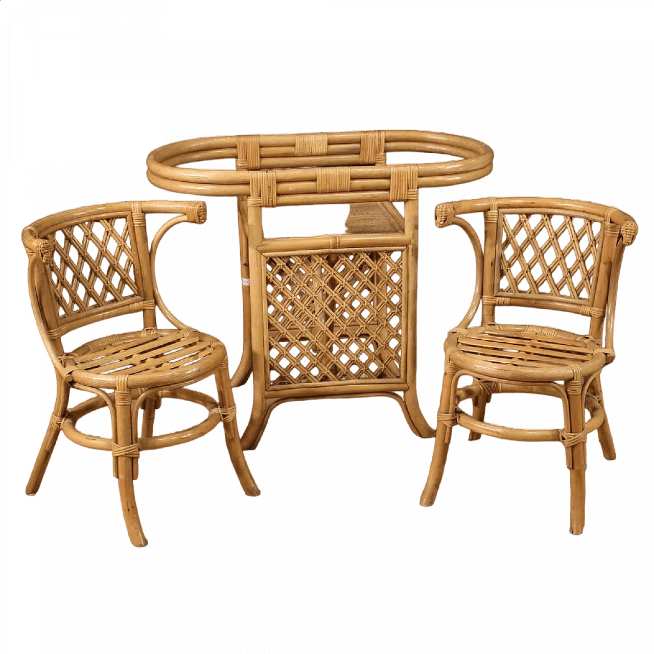 Tavolino da salotto e coppia di sedie in bambù, legno intrecciato e rattan, anni '70 13