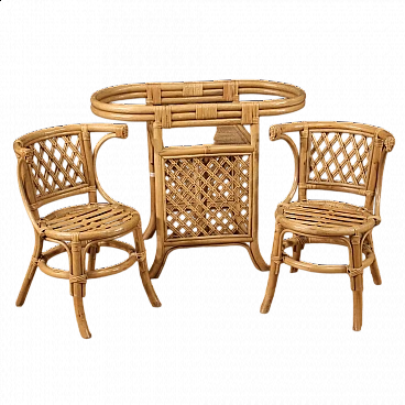 Tavolino da salotto e coppia di sedie in bambù, legno intrecciato e rattan, anni '70